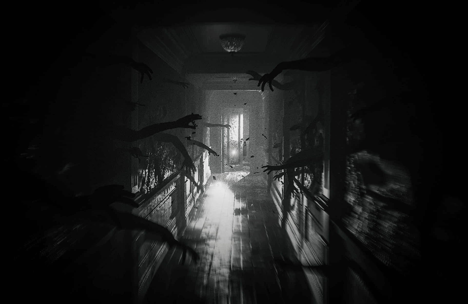 Dark Fear, black and white, haunted hallway, Full HD Desktop Wallpaper