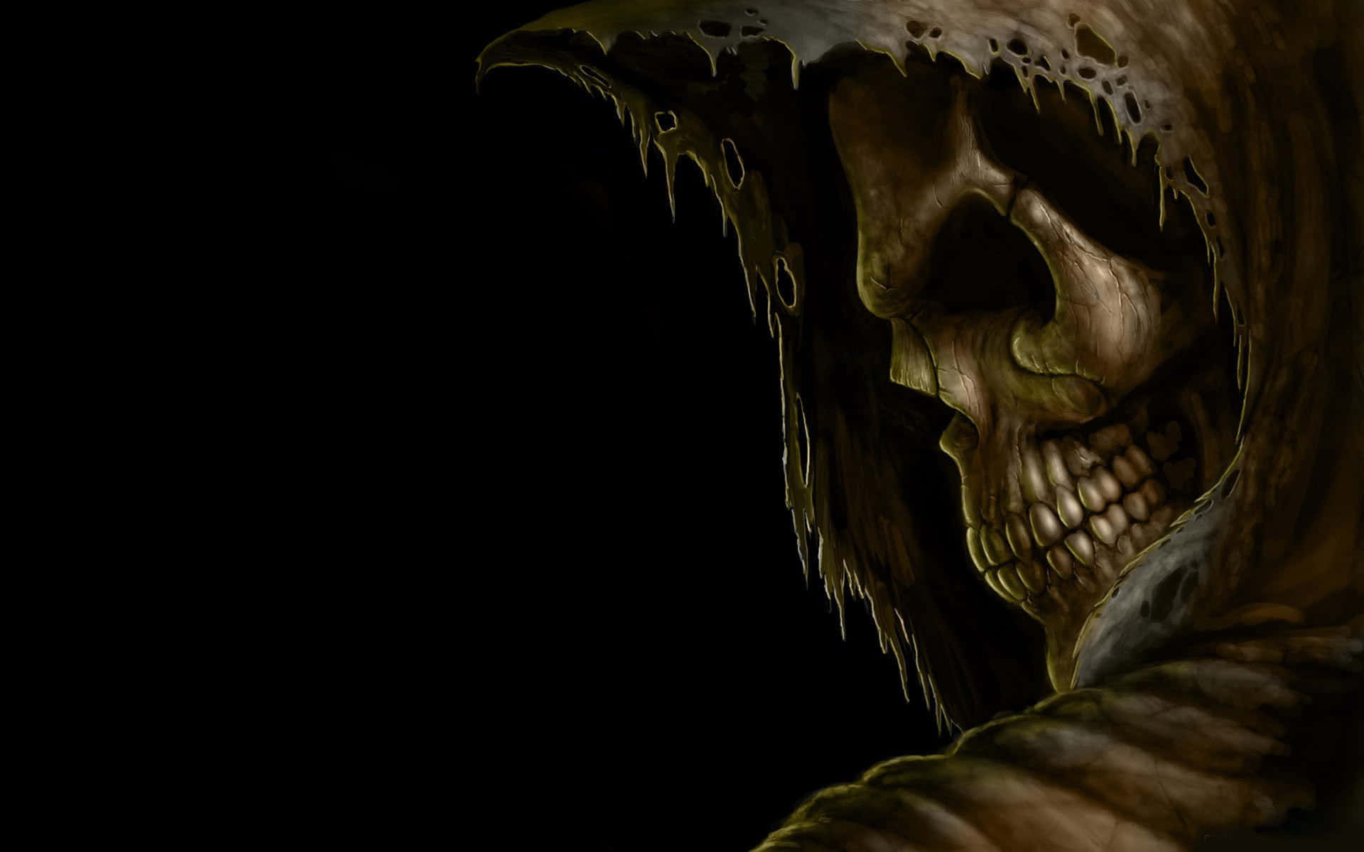 Dark Fear, skull-faced figure, tattered hood, Full HD Desktop Wallpaper
