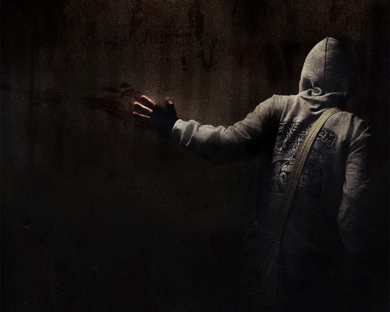 Dark Fear, grey hoodie, bloody hand, HD Desktop Wallpaper