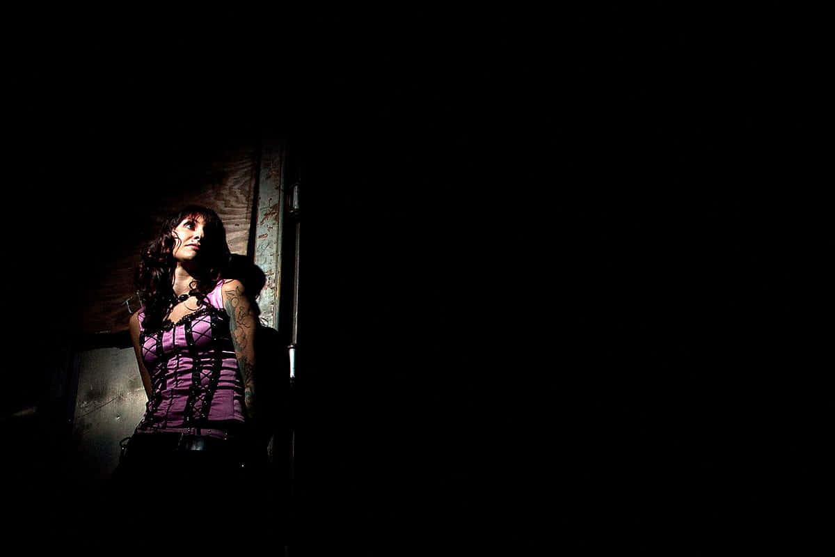 Dark Fear, purple corset, dimly lit doorway, SD Desktop Wallpaper