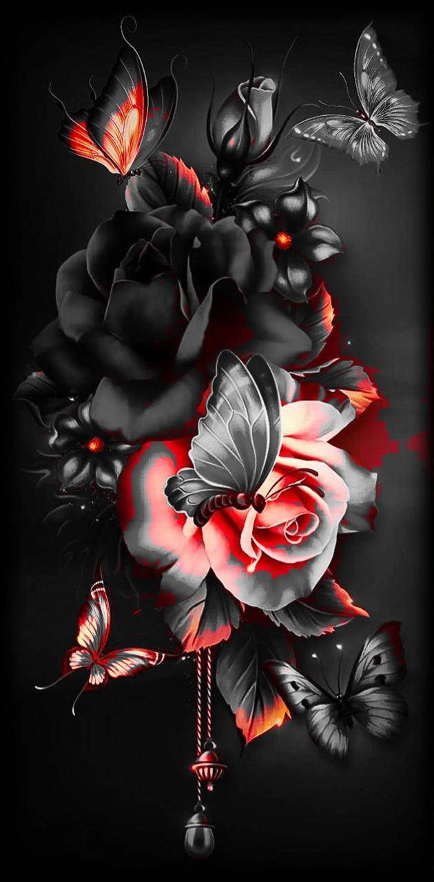 Dark Black Floral With Butterflies, black and red floral arrangement, glowing butterflies, HD Phone Wallpaper