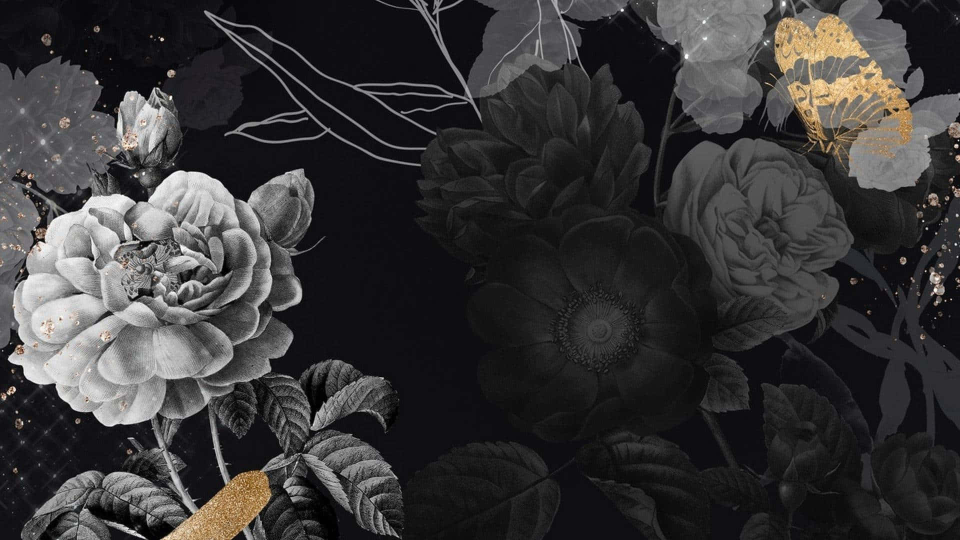 Dark Flourish Aesthetic, golden butterfly, monochrome floral arrangement, Full HD Desktop Wallpaper
