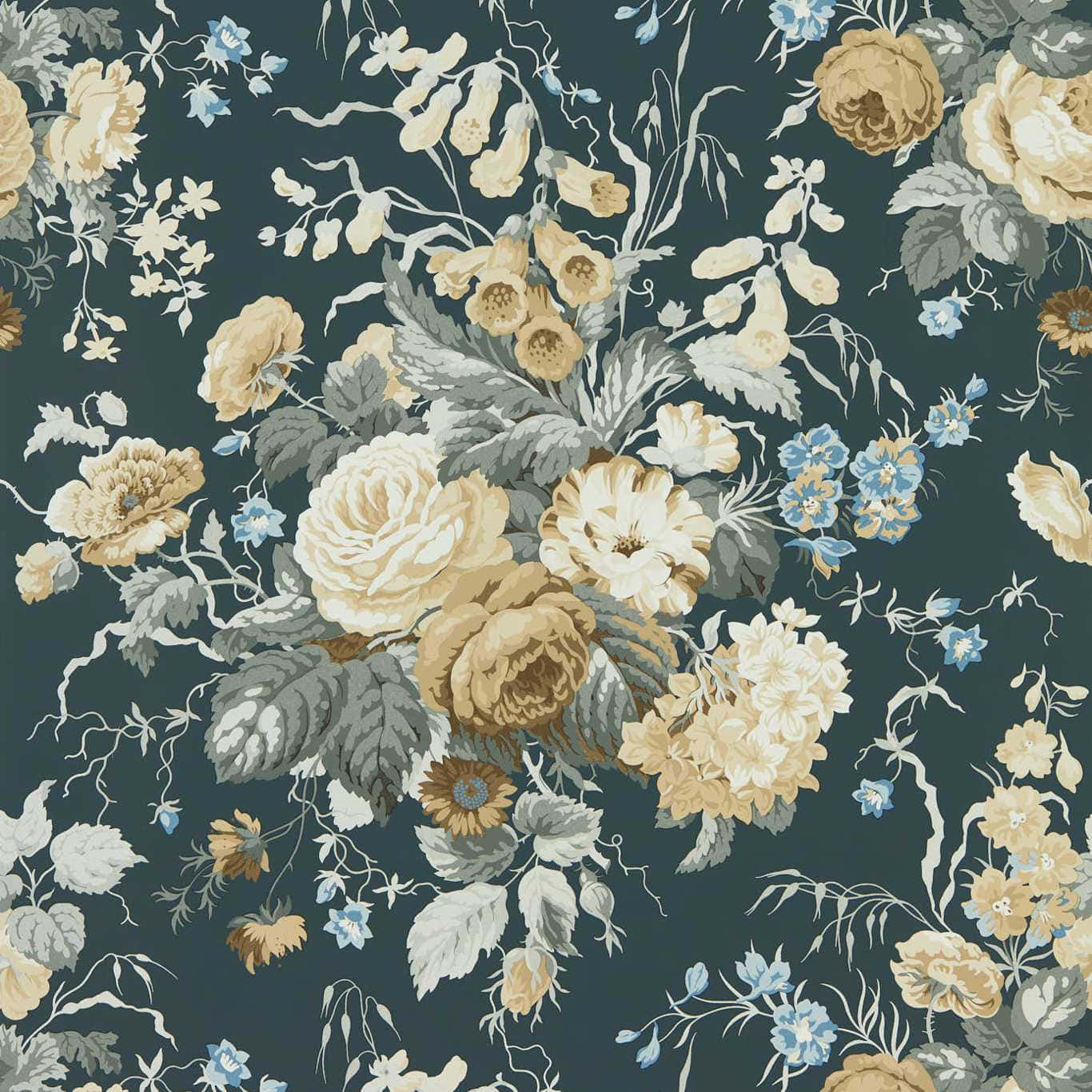 vintage floral pattern, deep teal background, cream gold blue and grey blossoms, HD Desktop Wallpaper