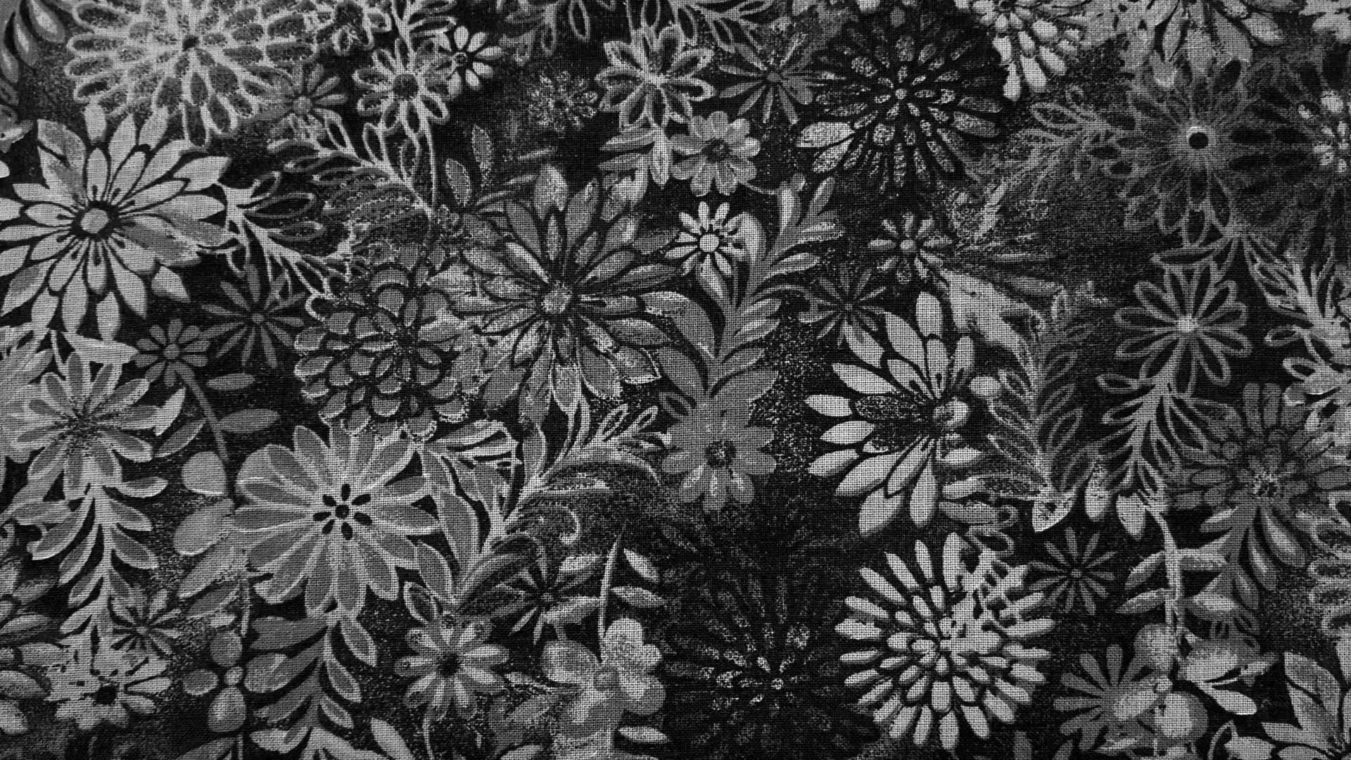black floral pattern texture, monochrome floral wallpaper pattern, daisy and leaf motifs, Full HD Desktop Wallpaper