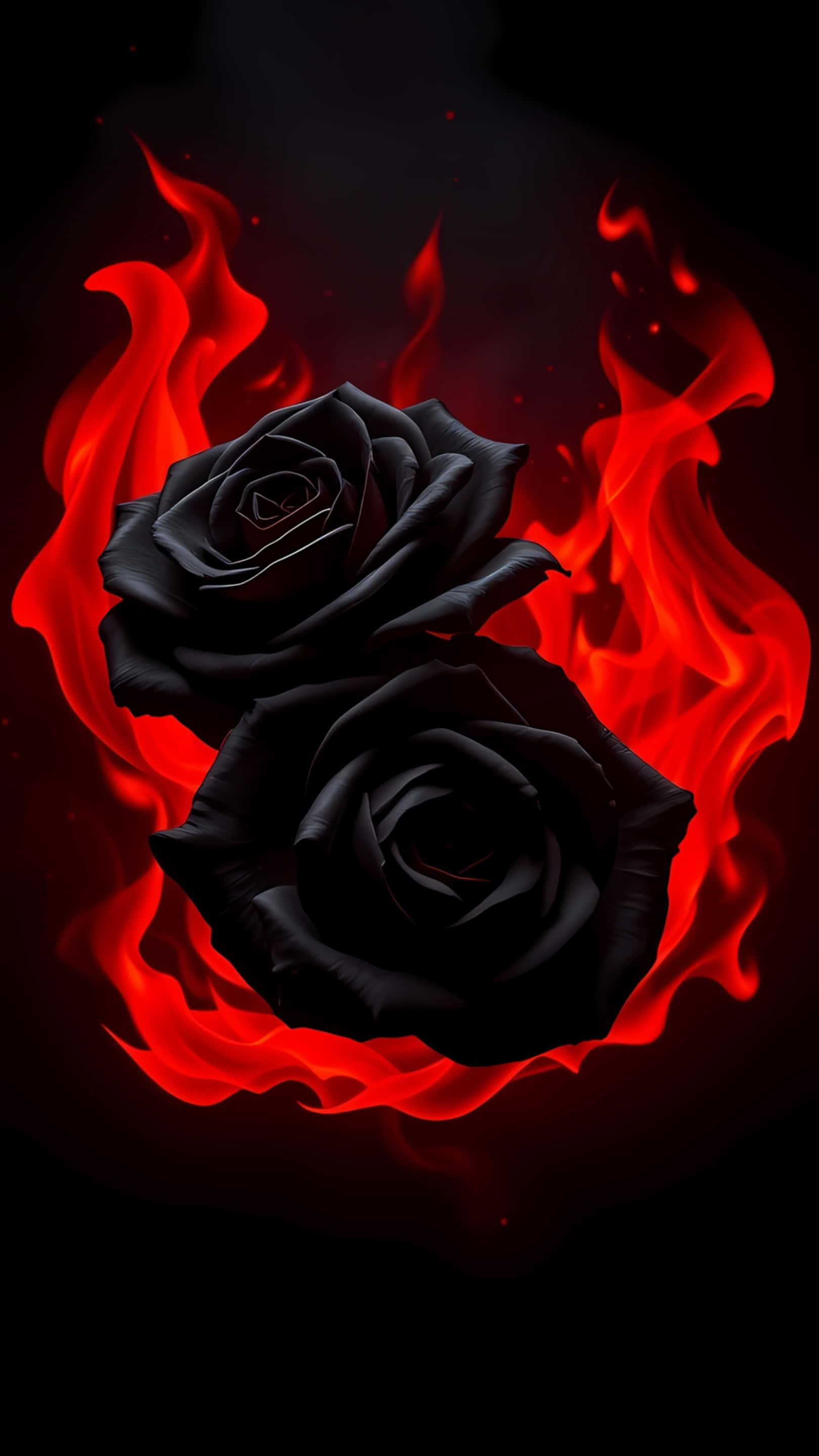 black roses, red flames, dark background, 2K Phone Wallpaper