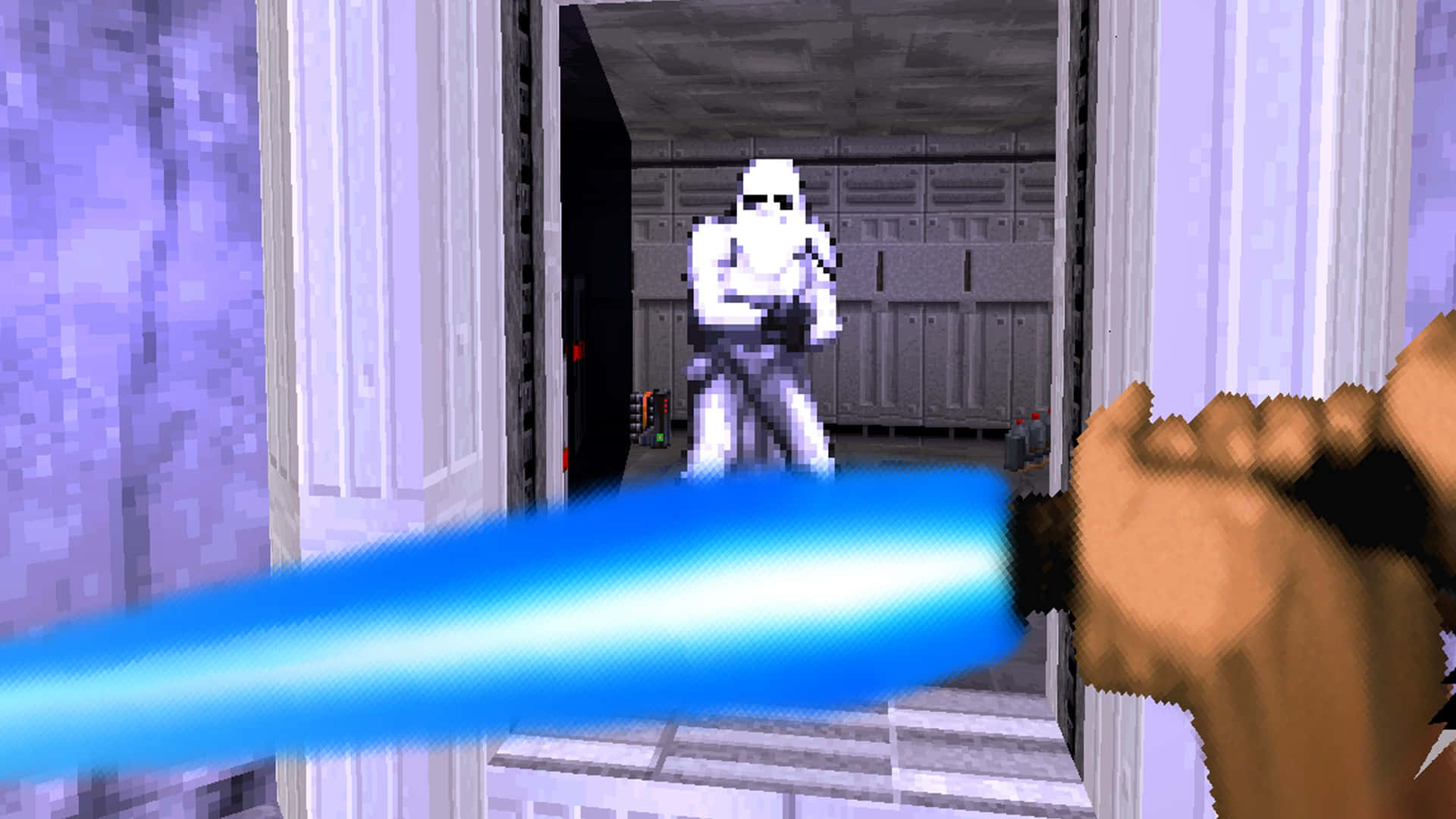 Dark Forces, glowing blue lightsaber, stormtrooper, Full HD Desktop Wallpaper
