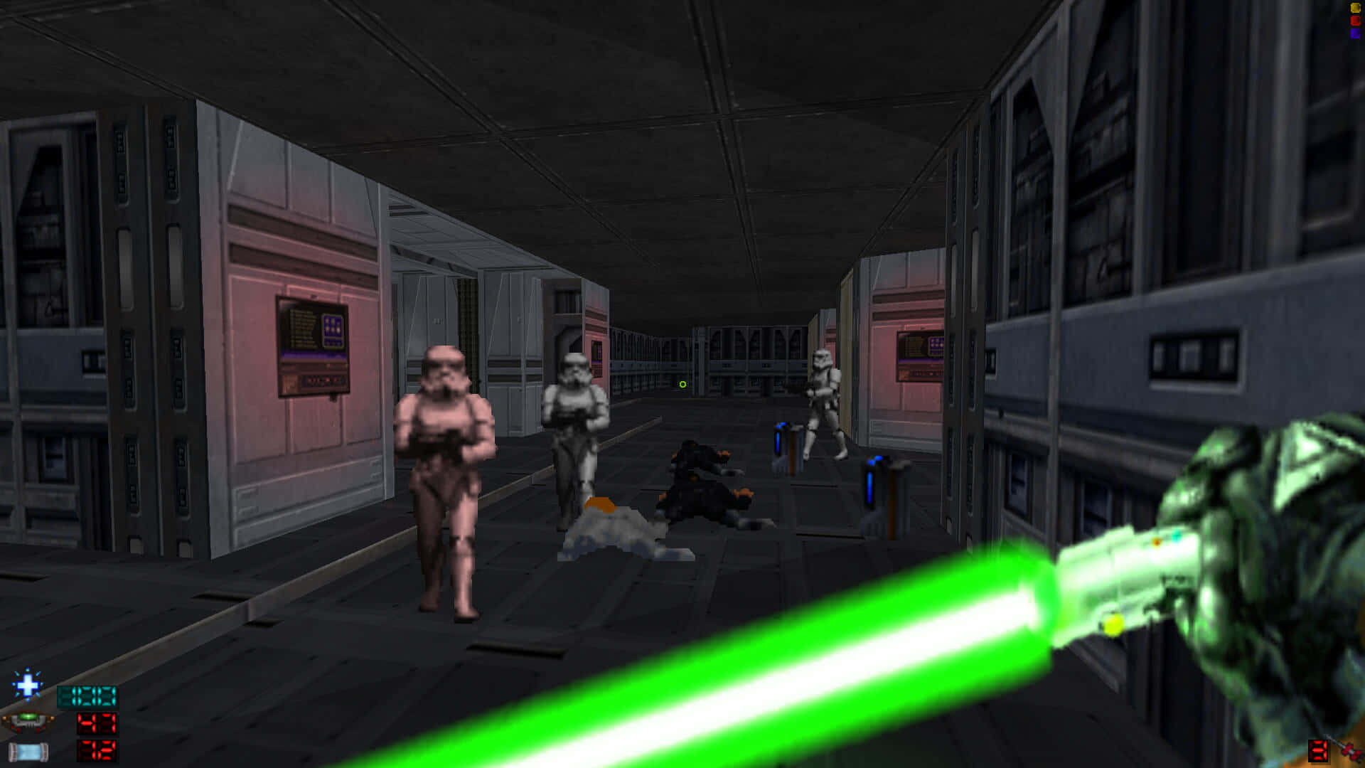 Dark Forces, green lightsaber, stormtroopers, Full HD Desktop Wallpaper