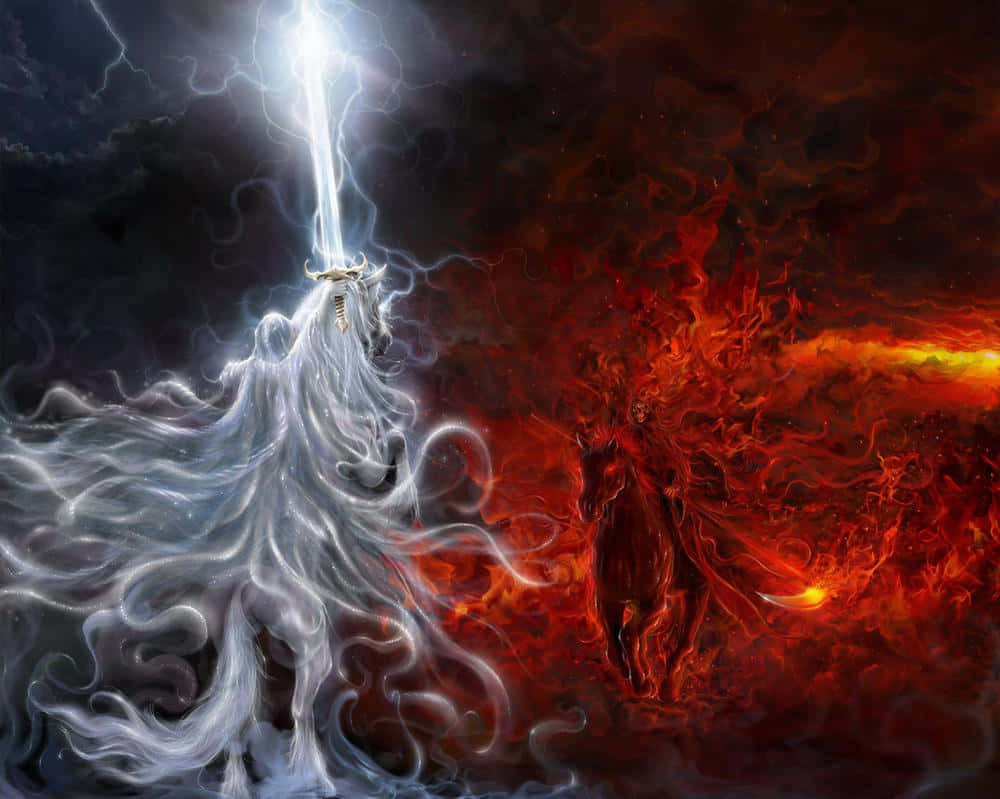 white armored knight, glowing sword, fiery red demonic figure, SD Desktop Wallpaper