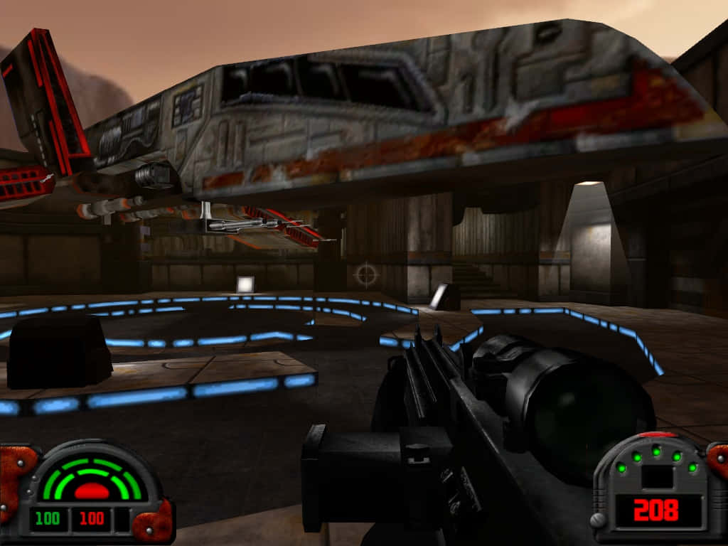 Dark Forces, first-person shooter, dimly lit hangar, SD Desktop Wallpaper