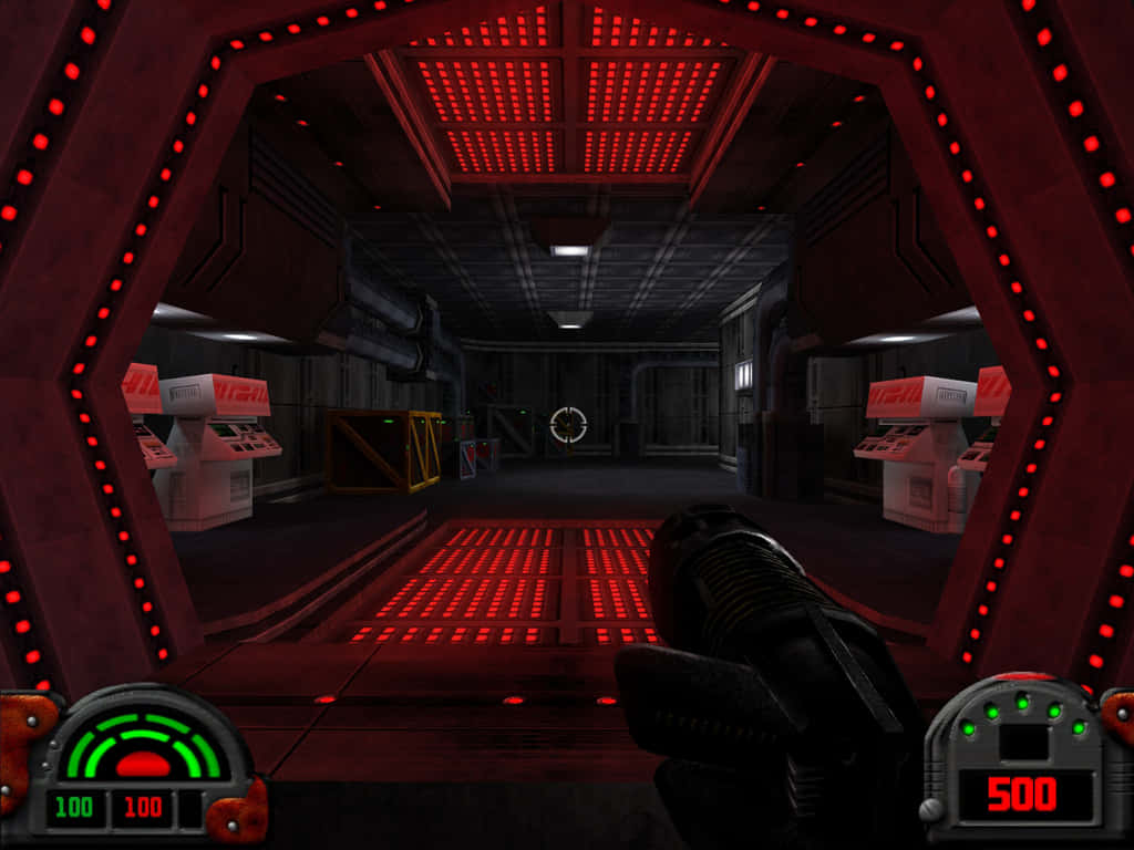 Dark Forces, red glowing panels, sci-fi corridor, SD Desktop Wallpaper