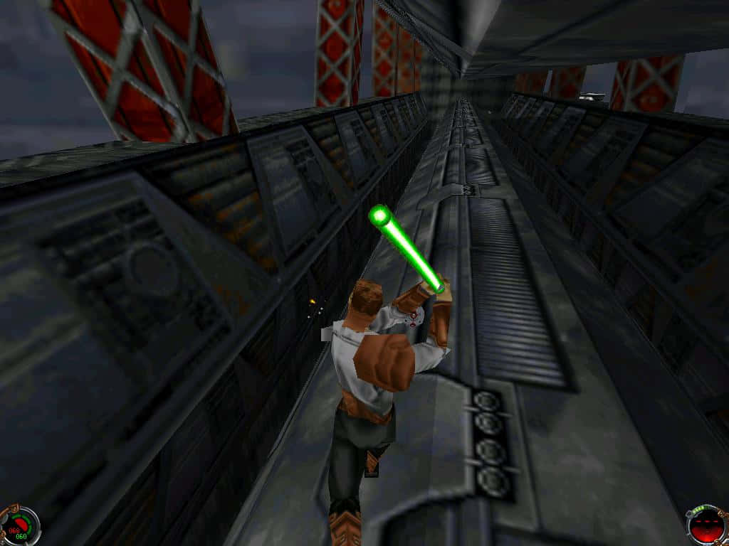 Dark Forces, glowing green lightsaber, narrow metallic corridor, SD Desktop Wallpaper