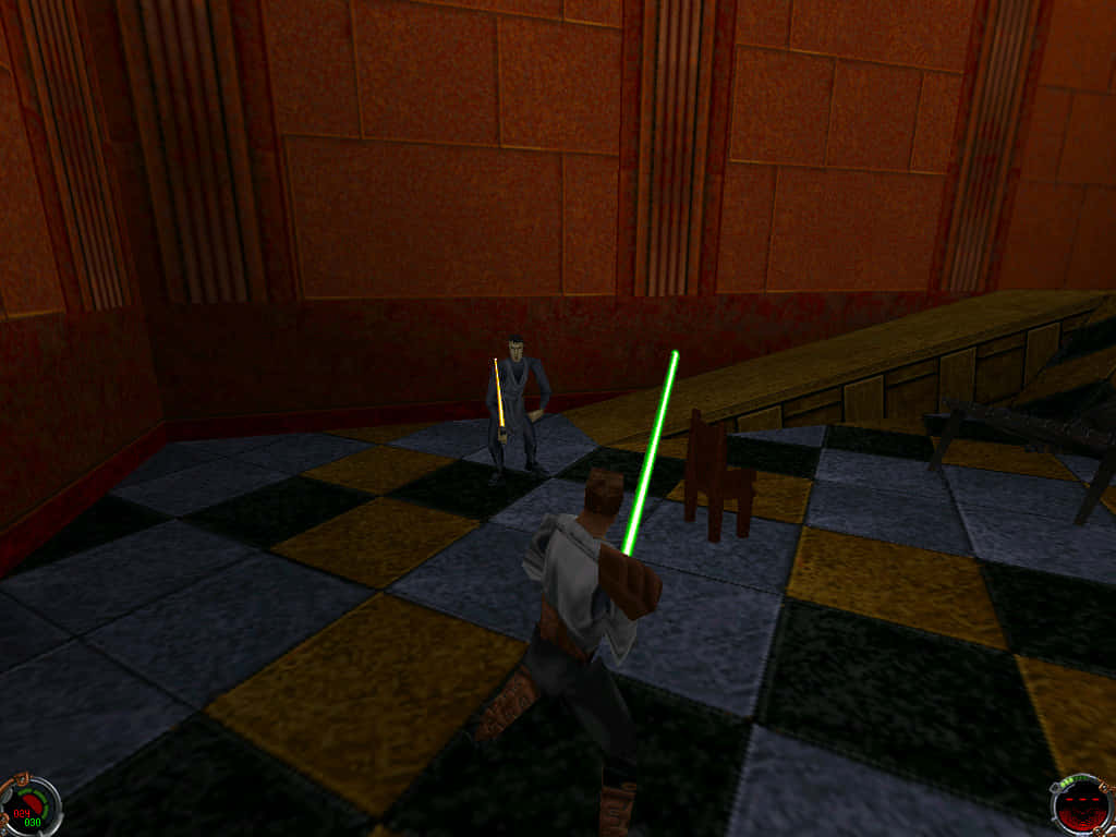 Dark Forces, glowing lightsabers, checkered floor, SD Desktop Wallpaper