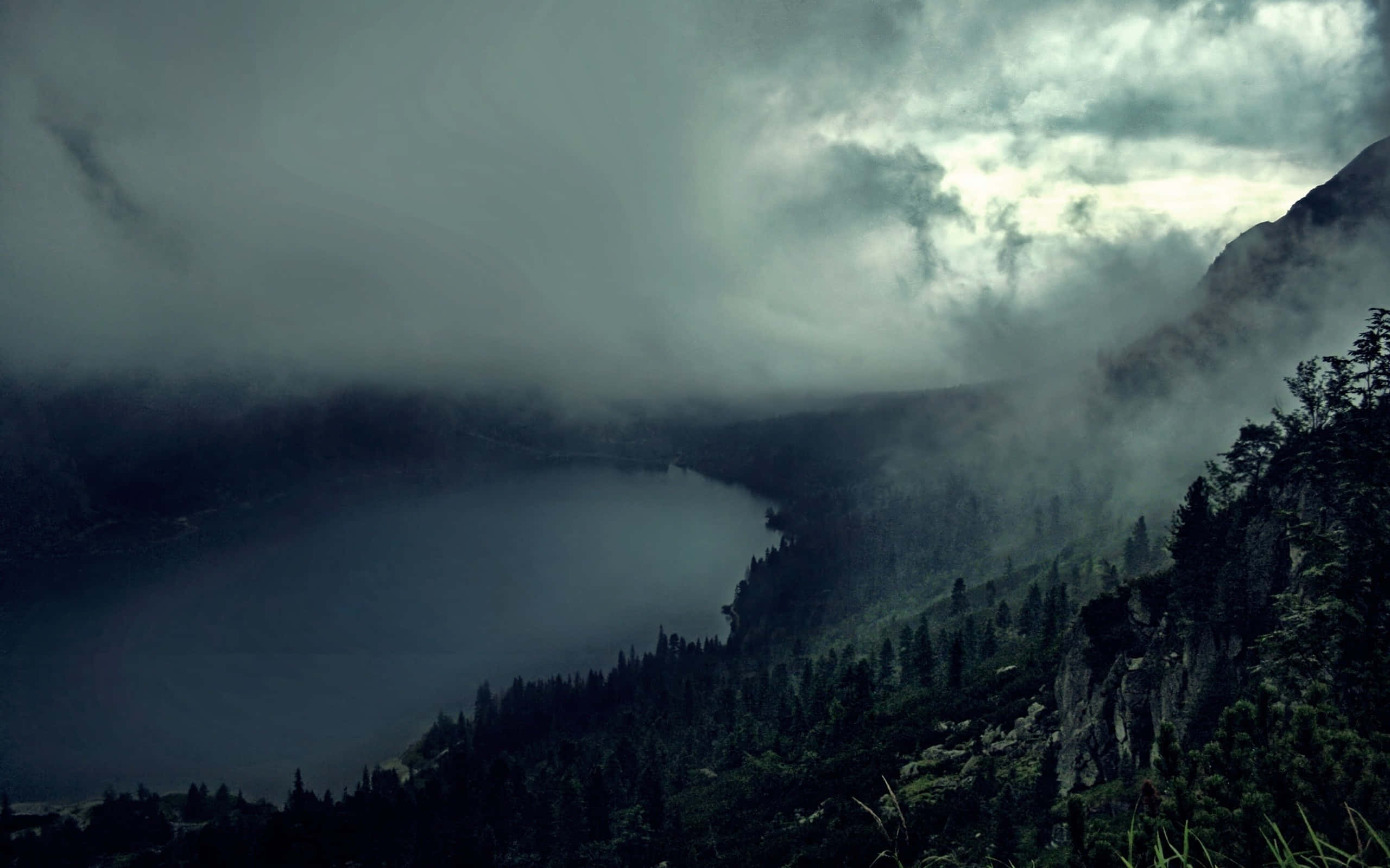 misty mountain lake, shadowed evergreen forests, heavy gray cloud cover, 2K Desktop Wallpaper