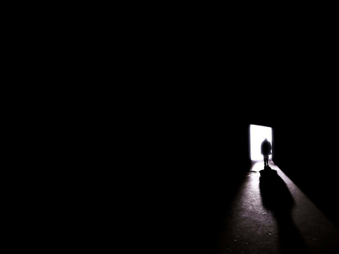Dark Forest Aesthetic, lone silhouette, bright doorway, HD Desktop Wallpaper