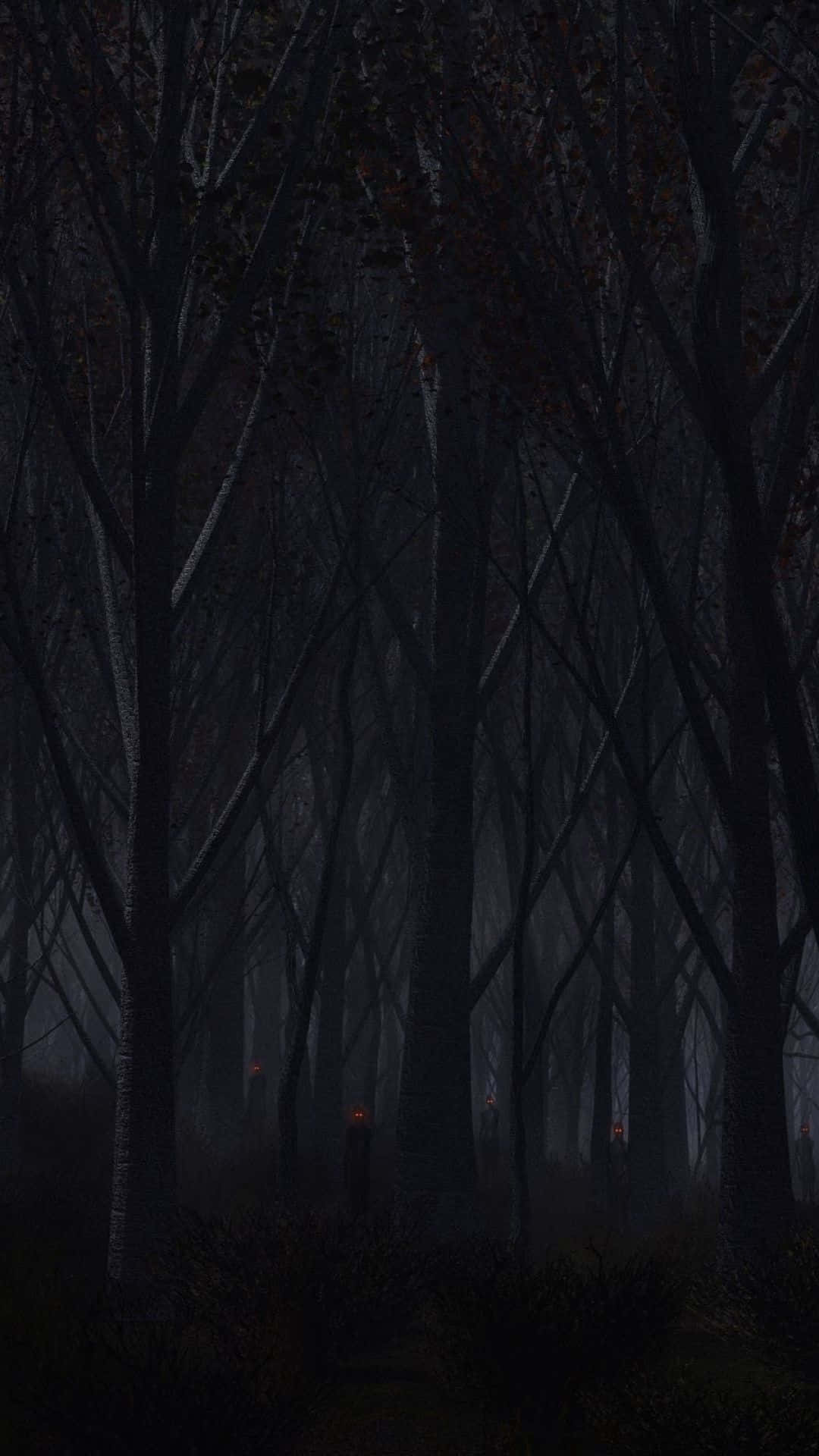dark forest, towering bare trees, faint red glowing eyes, Full HD Phone Wallpaper