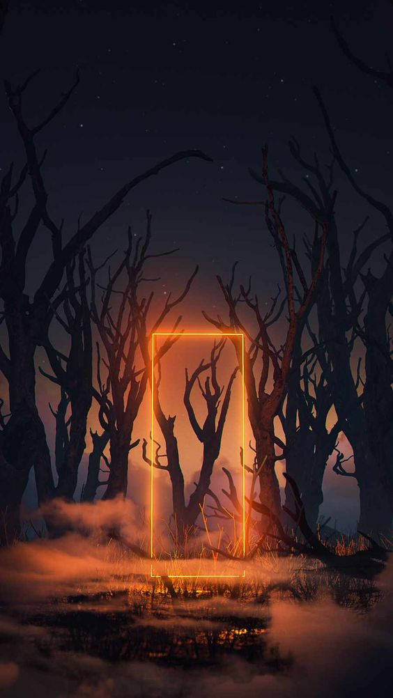 Dark Neon iPhone Forest, glowing orange rectangular portal, misty forest, SD Phone Wallpaper
