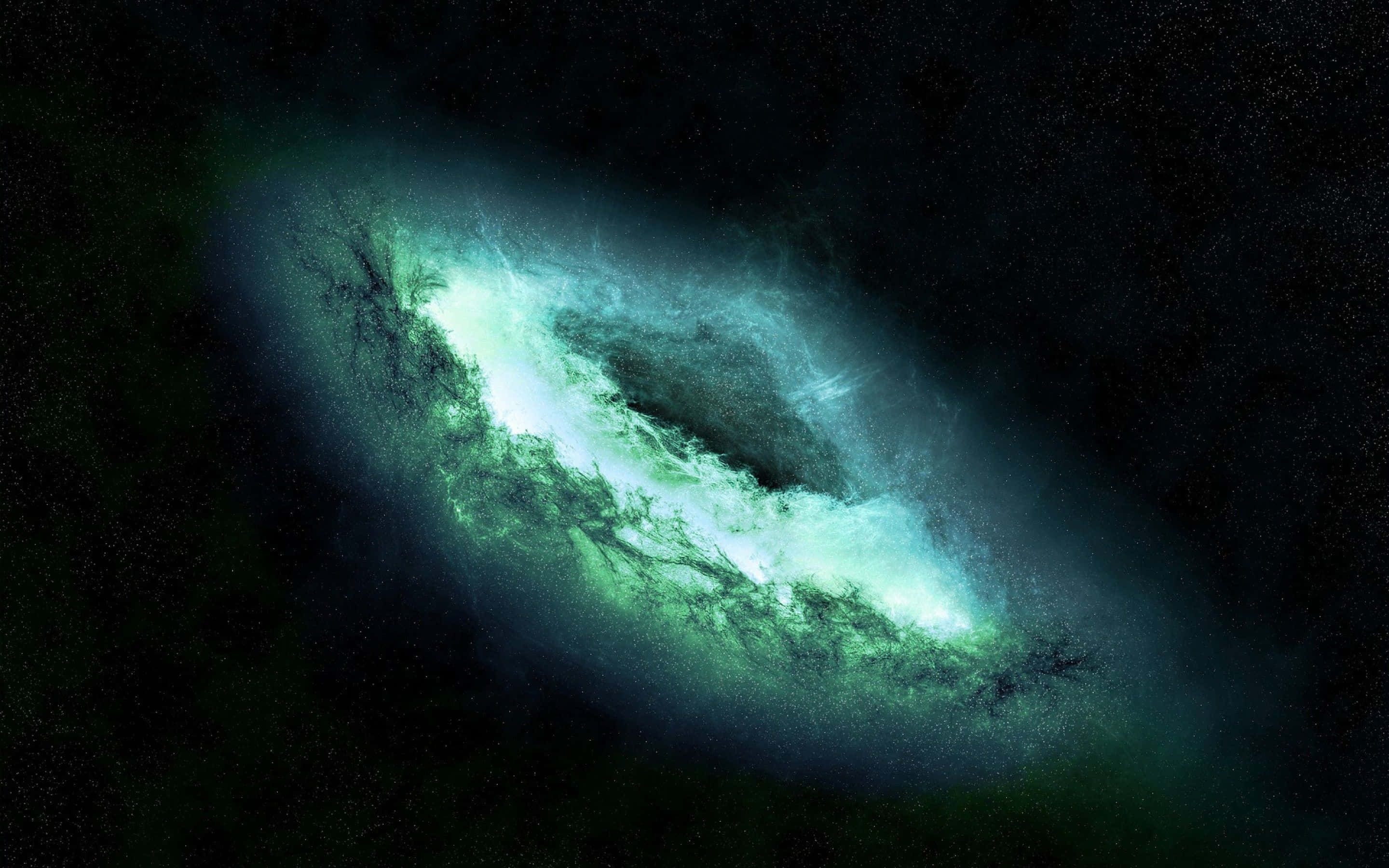 Dark Galaxy, glowing green spiral galaxy, star-speckled black cosmic void, 2K Desktop Wallpaper