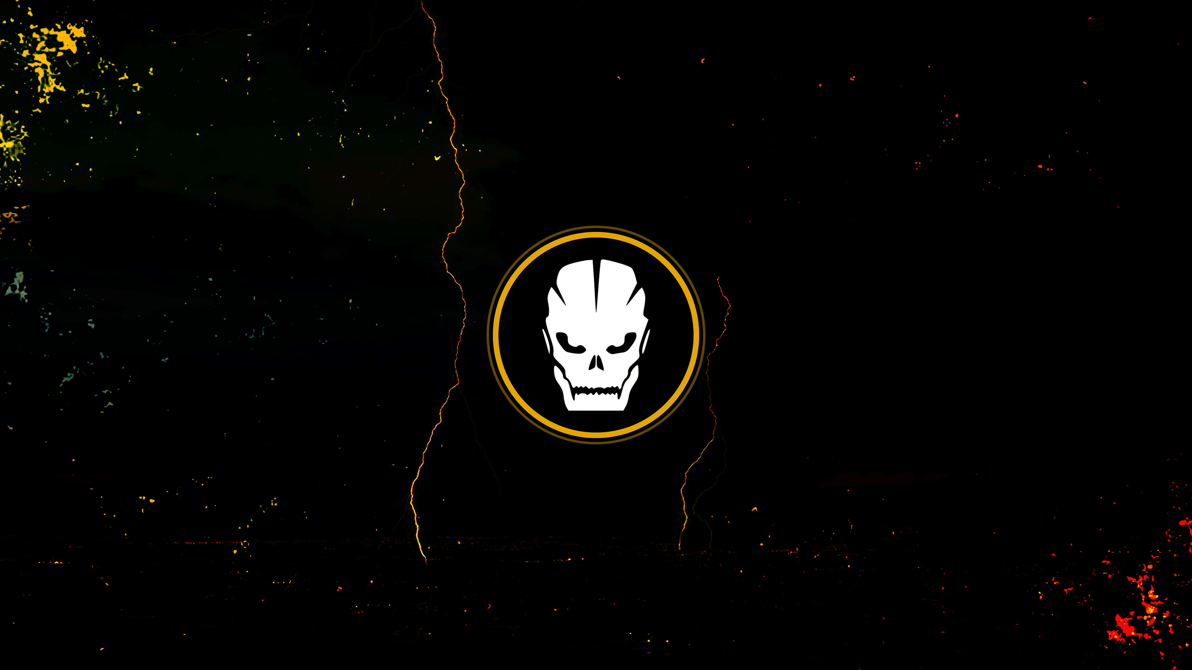 Dark Gaming, stark white skull logo, glowing yellow circle, 4K Desktop Wallpaper