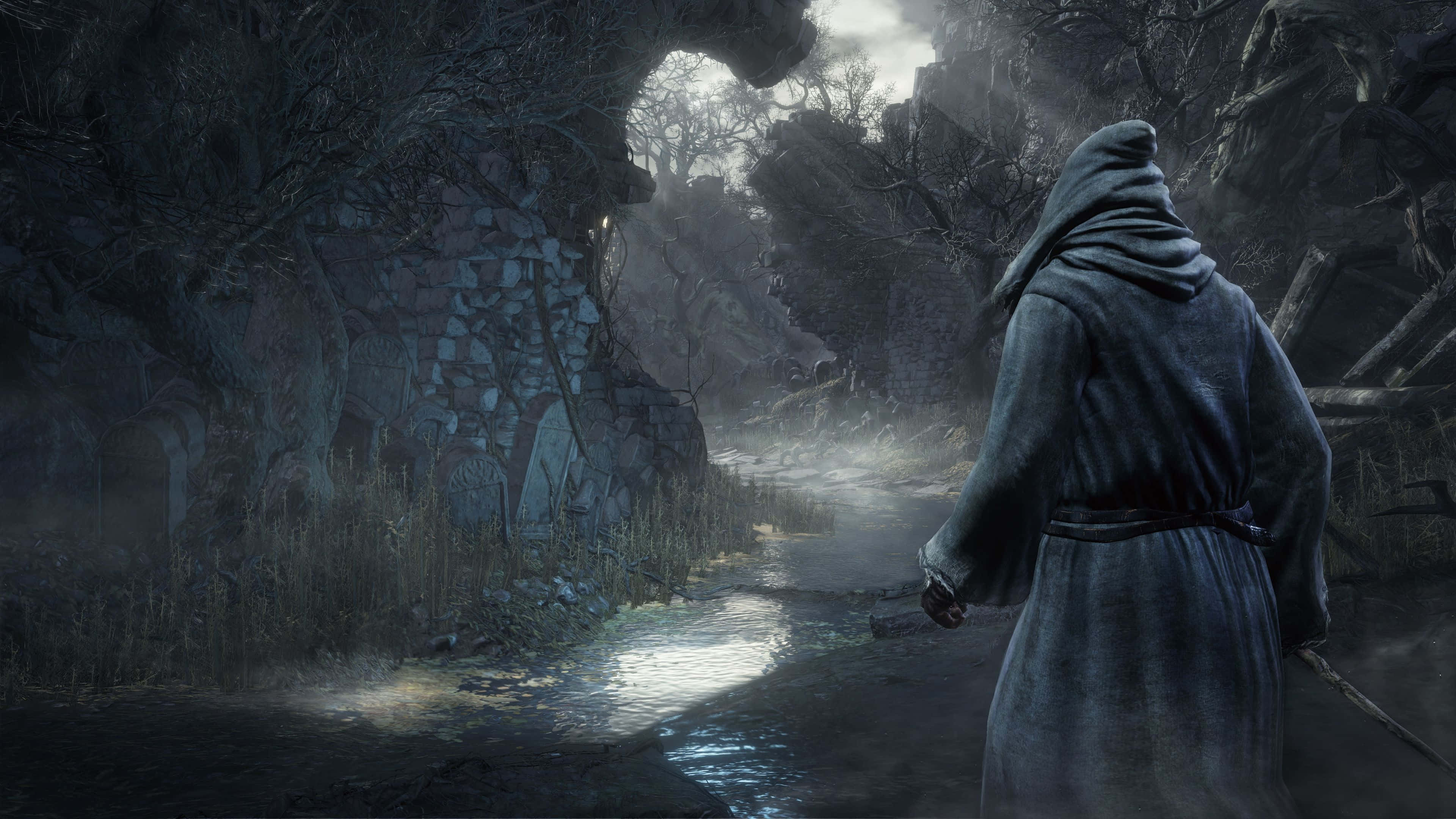 Dark Gaming, hooded figure, misty forest, 4K Desktop Wallpaper
