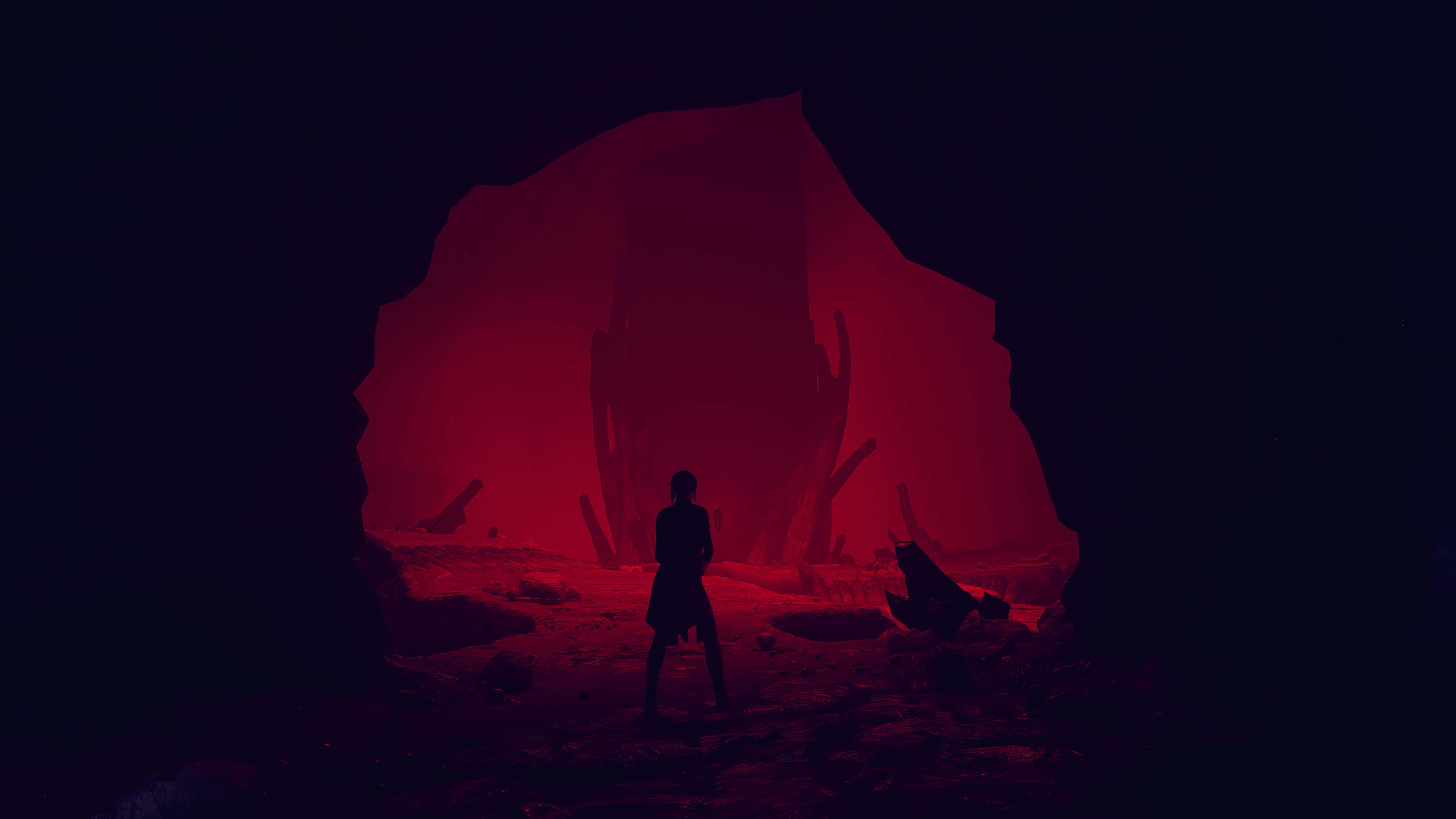 Dark Gaming, 3840 x 2160, glowing red cavern entrance, 4K Desktop Wallpaper