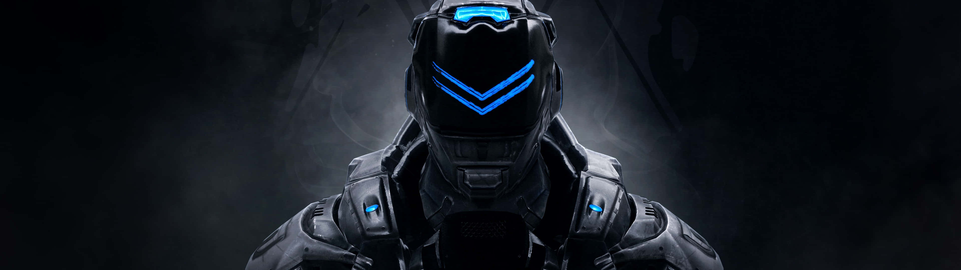 Dark Gaming, futuristic armored figure, glowing blue visor, 4K Desktop Wallpaper