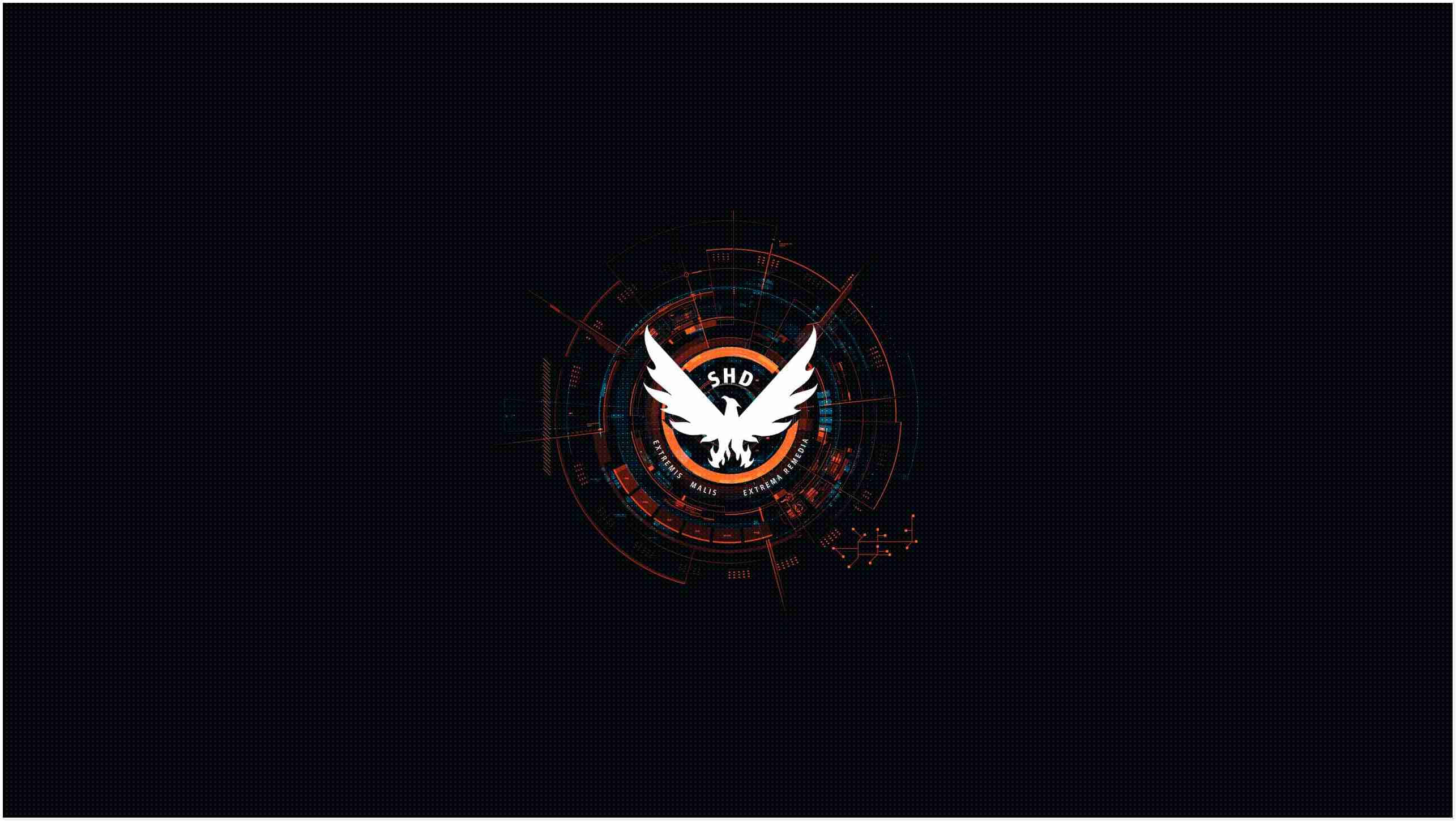 dark gaming, glowing white eagle logo, orange and blue tech HUD elements, 2K Desktop Wallpaper