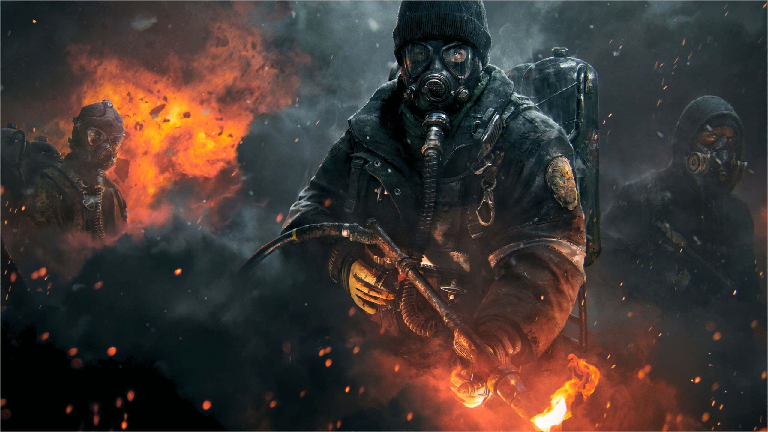 Dark Gaming, 3 armored soldiers, gas masks, 2K Desktop Wallpaper