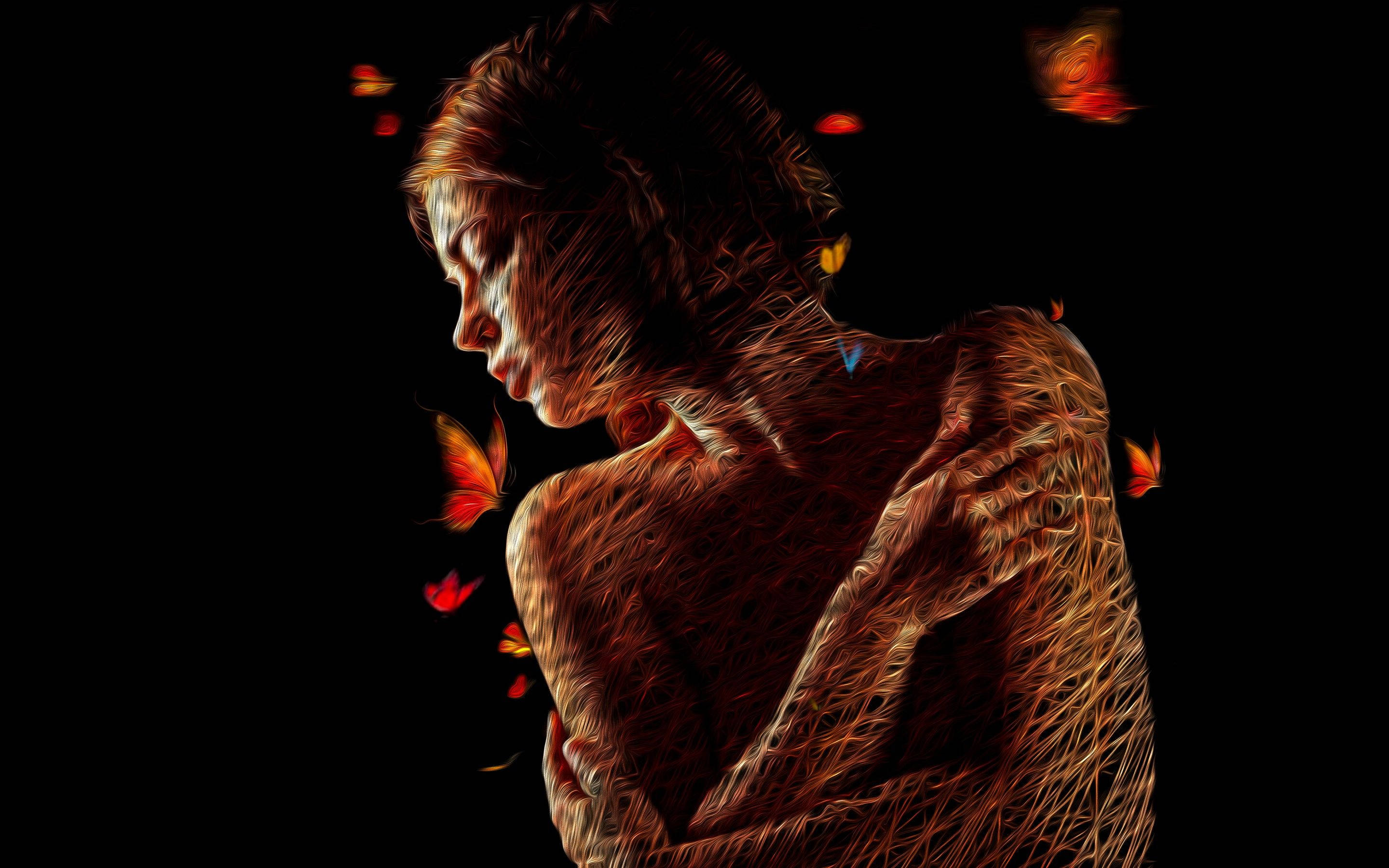 Dark Girl, copper wire skin, glowing orange lines, 2K Desktop Wallpaper