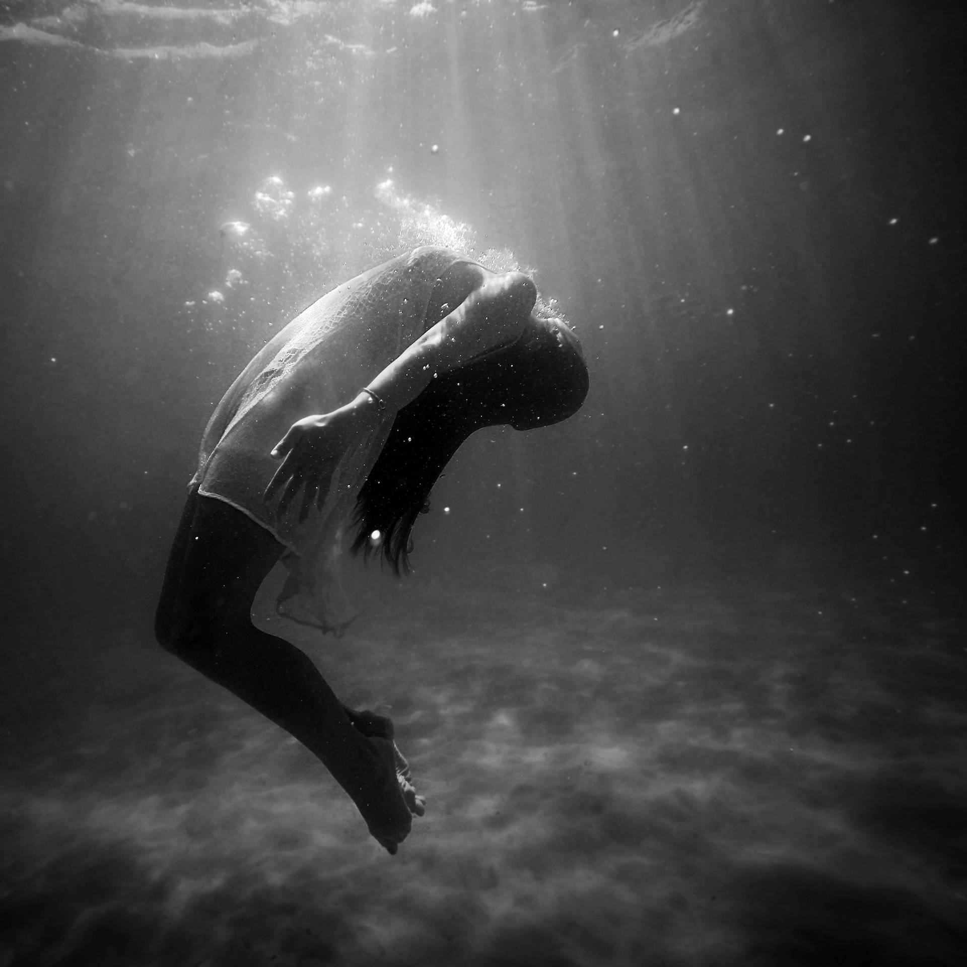 Dark Girl, sunbeams, underwater, Full HD Desktop Wallpaper