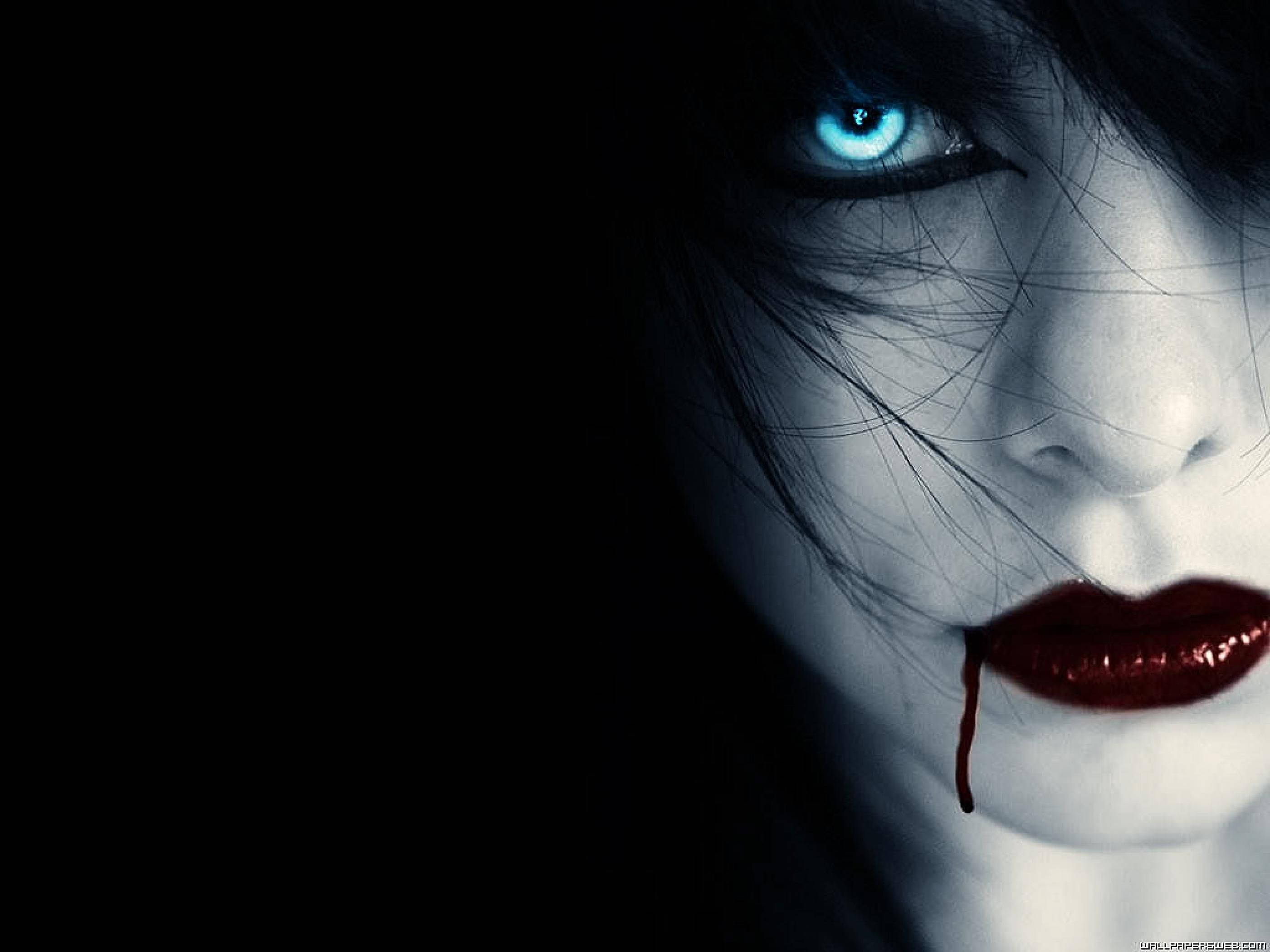 Dark Girl, blood red lips, glowing blue eyes, 2K Desktop Wallpaper