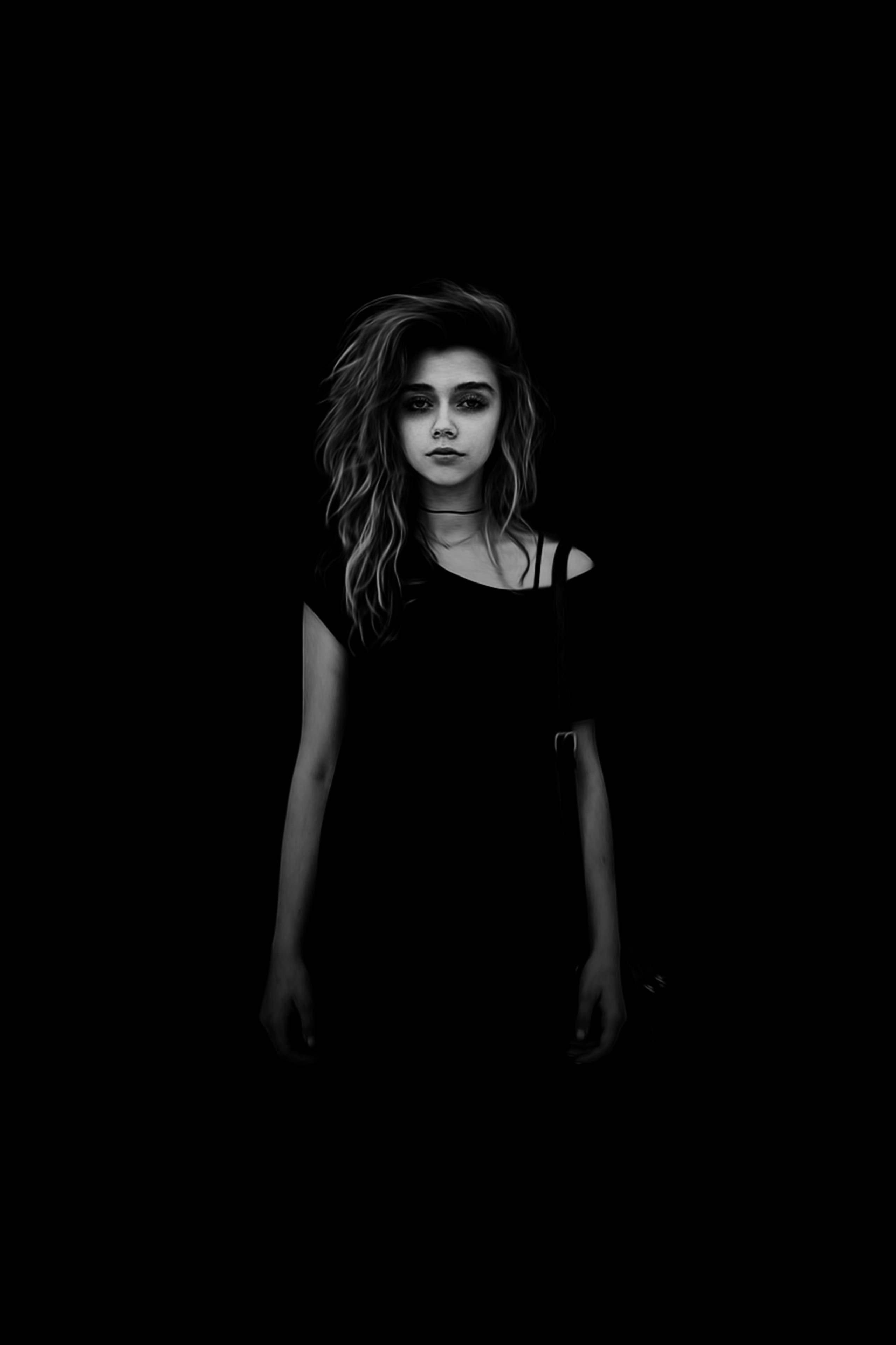 Dark Girl, curly hair, black and white portrait, 4K Phone Wallpaper