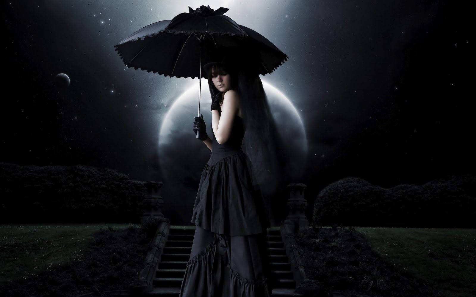 Dark Girl, full moon, black gown, HD Desktop Wallpaper