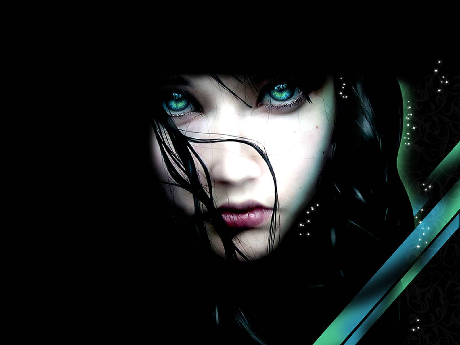 Dark Girl, teal eyes, green accents, HD Desktop Wallpaper