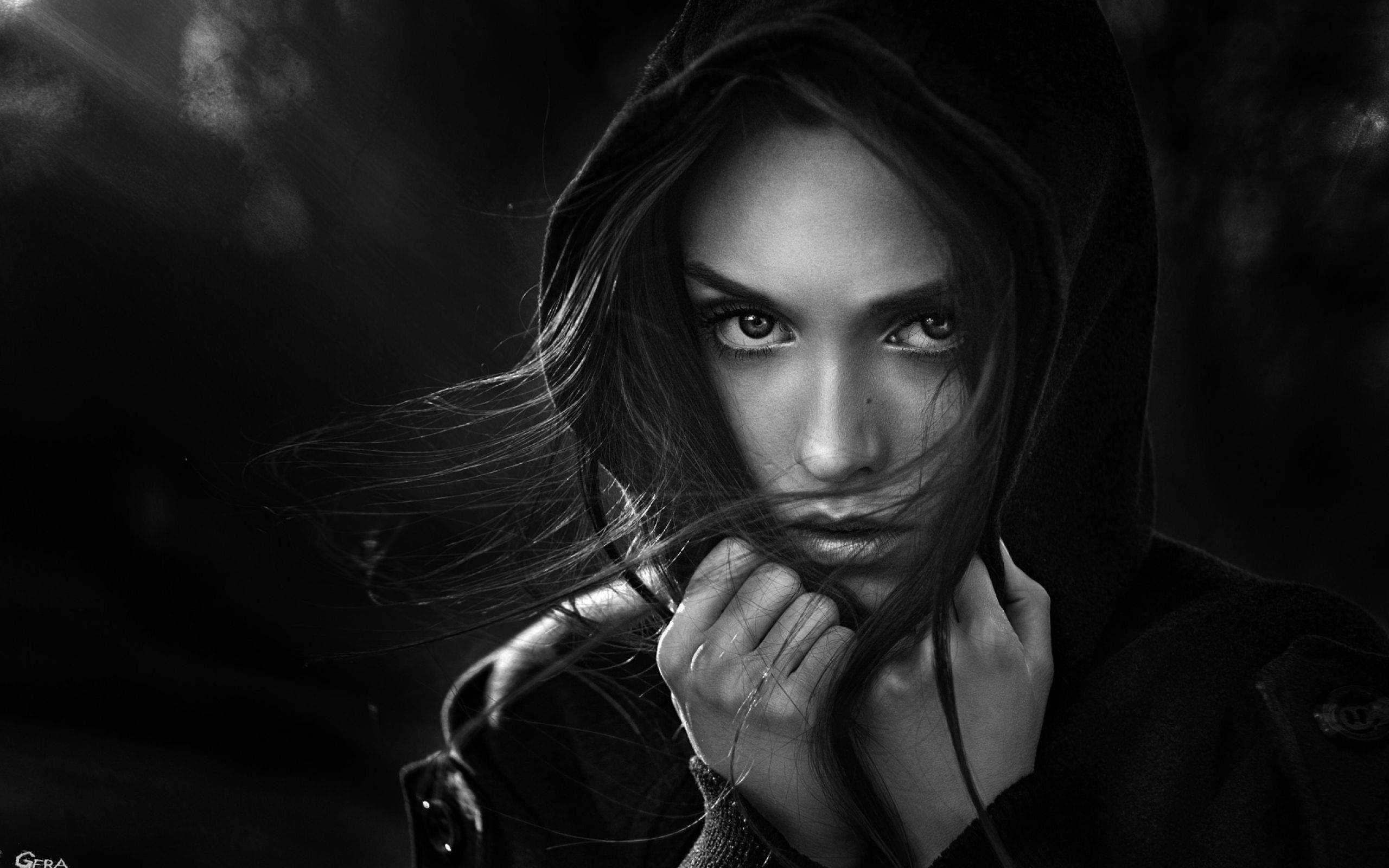 Dark Girl, hooded coat, wind-swept hair, 2K Desktop Wallpaper