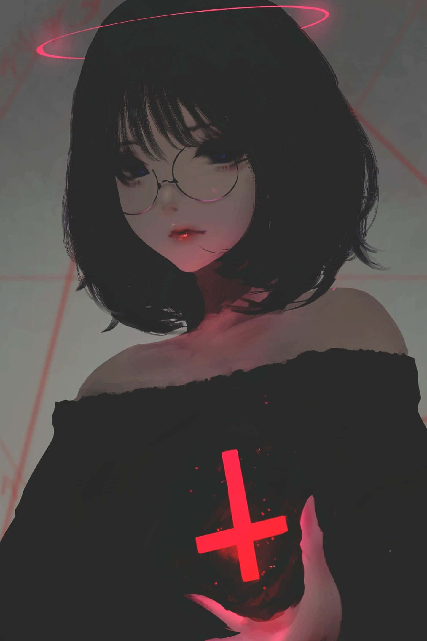 dark anime girl, glowing red cross, pink halo, Full HD Phone Wallpaper
