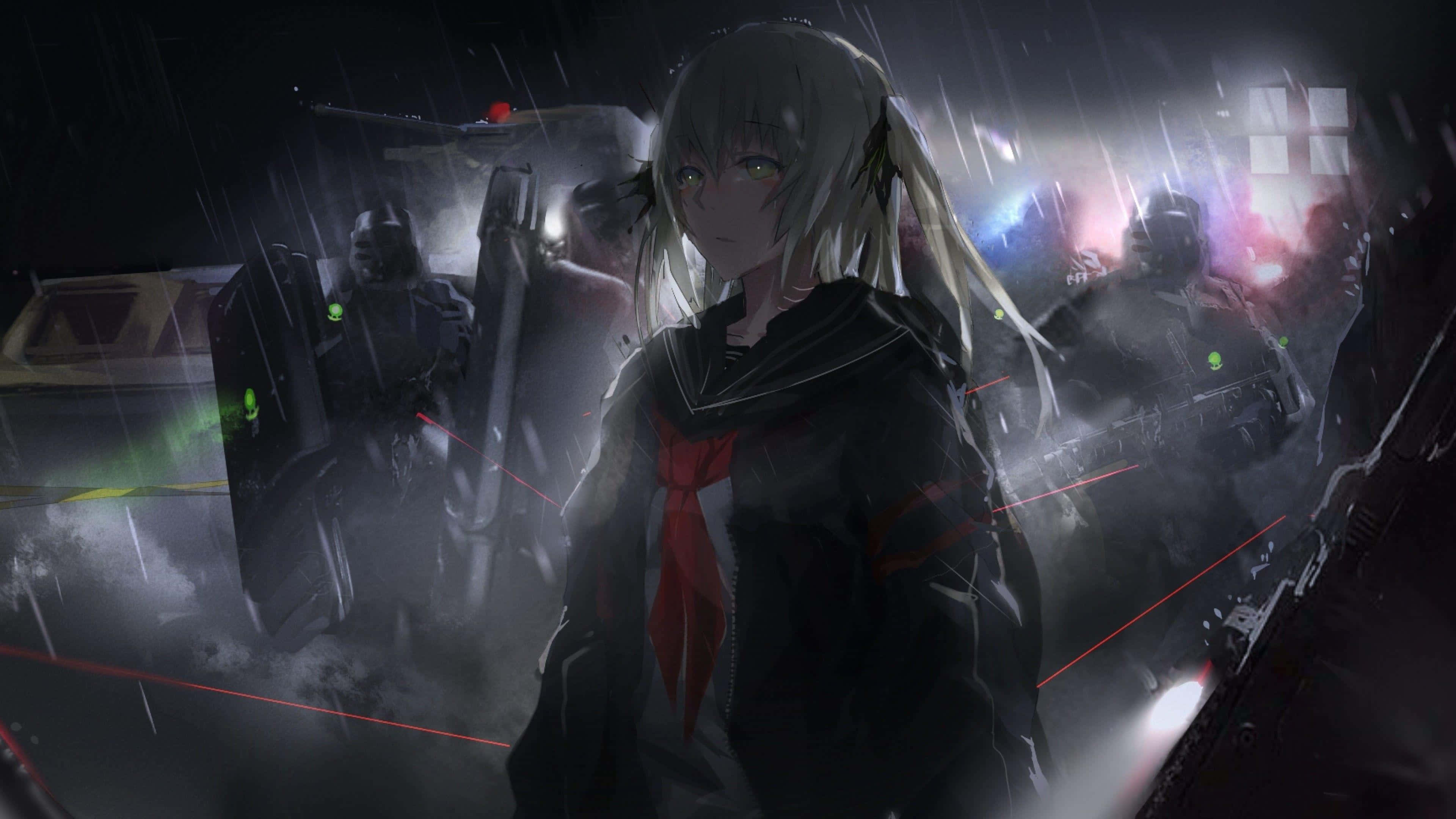 dark anime girl, green eyes, red tie, 4K Desktop Wallpaper
