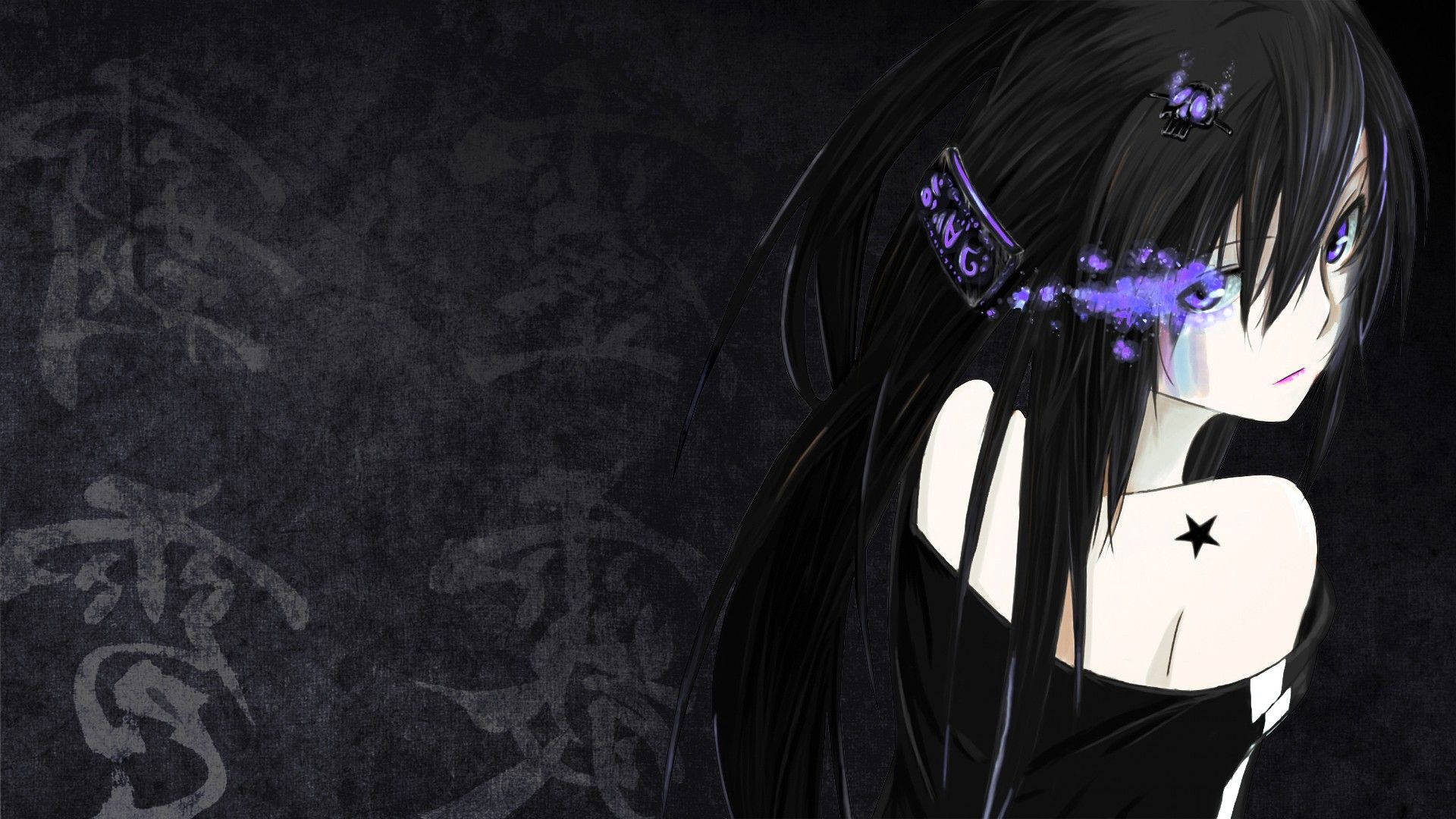 anime girl, black hair, purple glowing eyes, Full HD Desktop Wallpaper