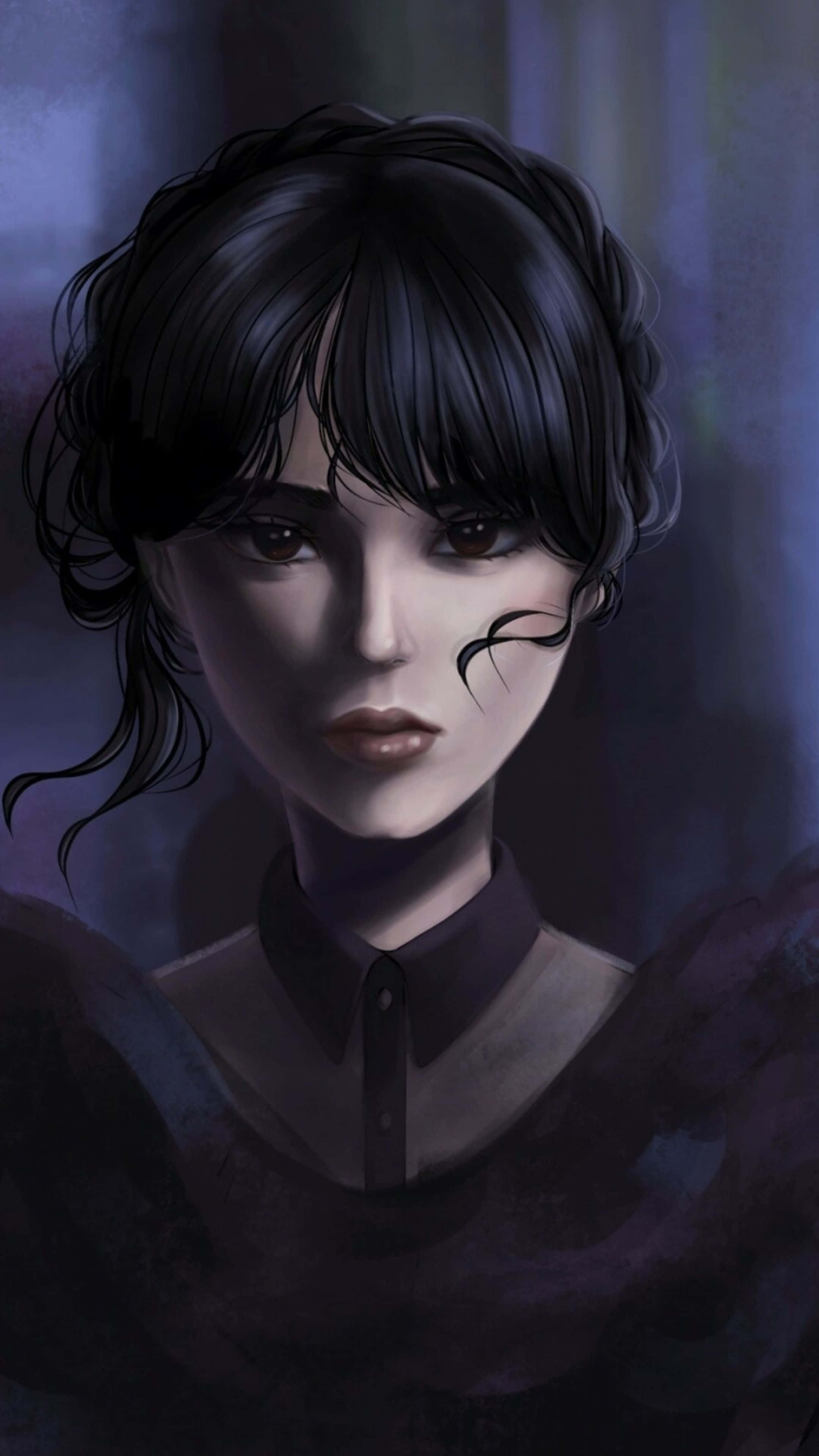 Mysterious Gothic Girl Portrait, dark hair, black tear mark, 4K Phone Wallpaper