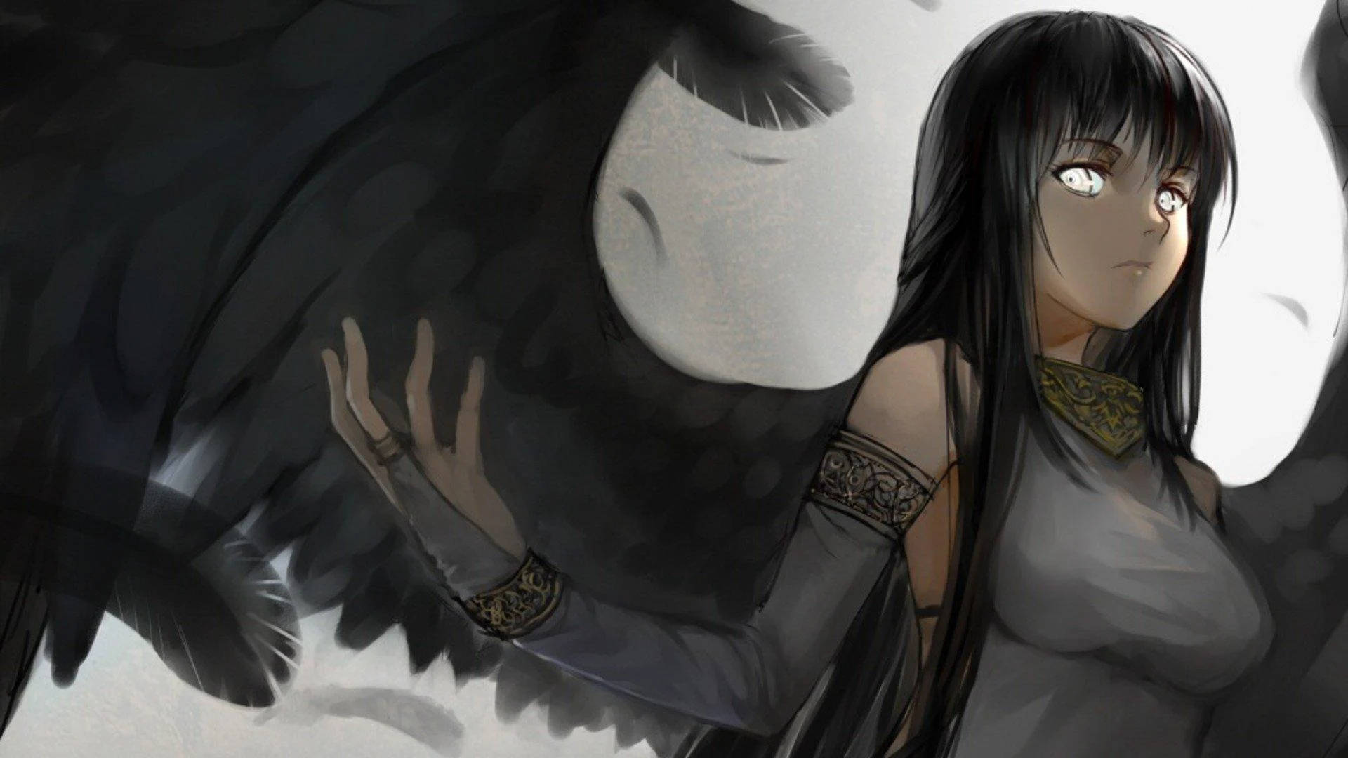 Bad Girl Dark Angel, dark-winged anime girl, glowing eyes, Full HD Desktop Wallpaper