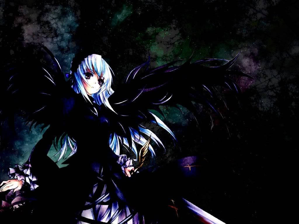 Dark Anime Girl, black wings, silver hair, SD Desktop Wallpaper