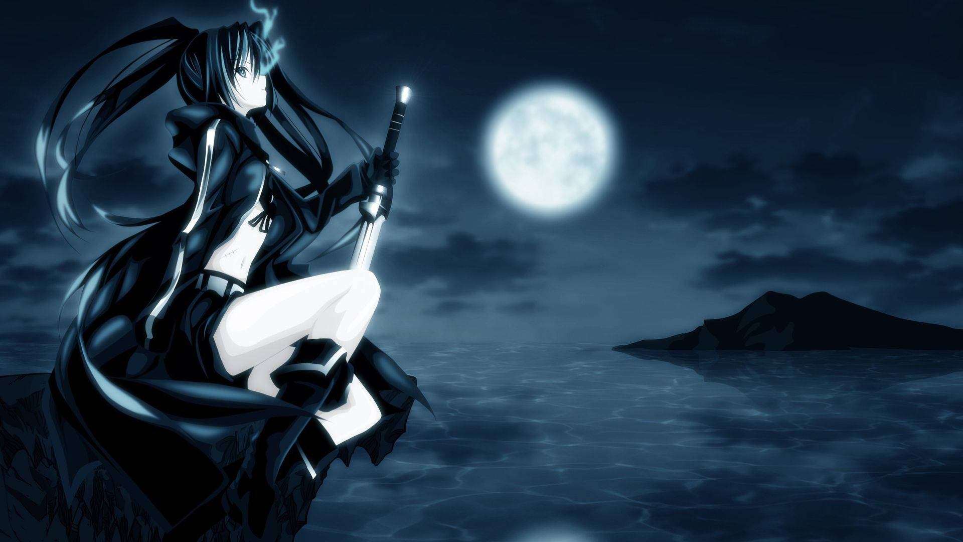 dark anime girl, black-haired, dark outfit, Full HD Desktop Wallpaper
