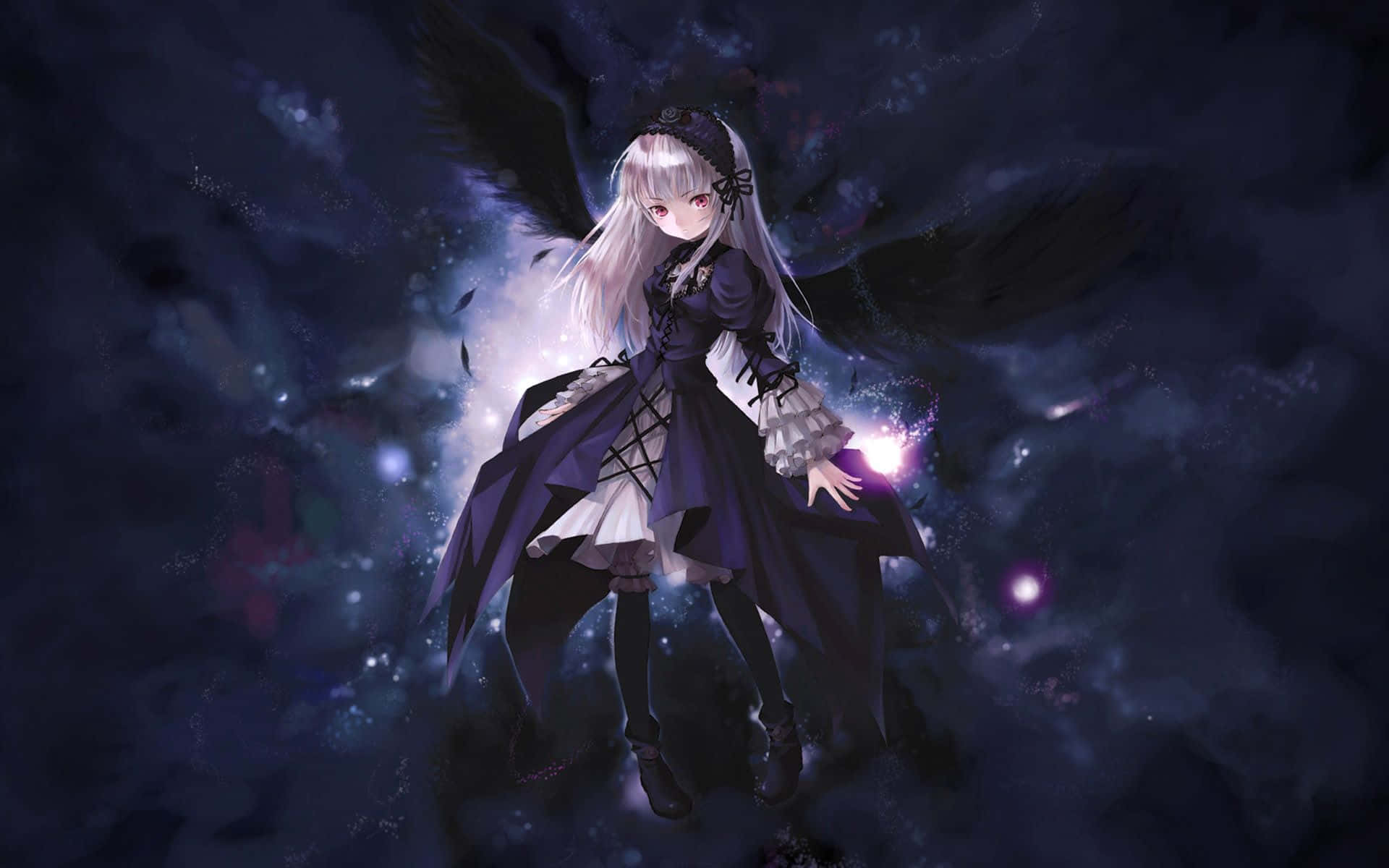 dark anime girl, pale-haired anime girl, black wings, Full HD Desktop Wallpaper