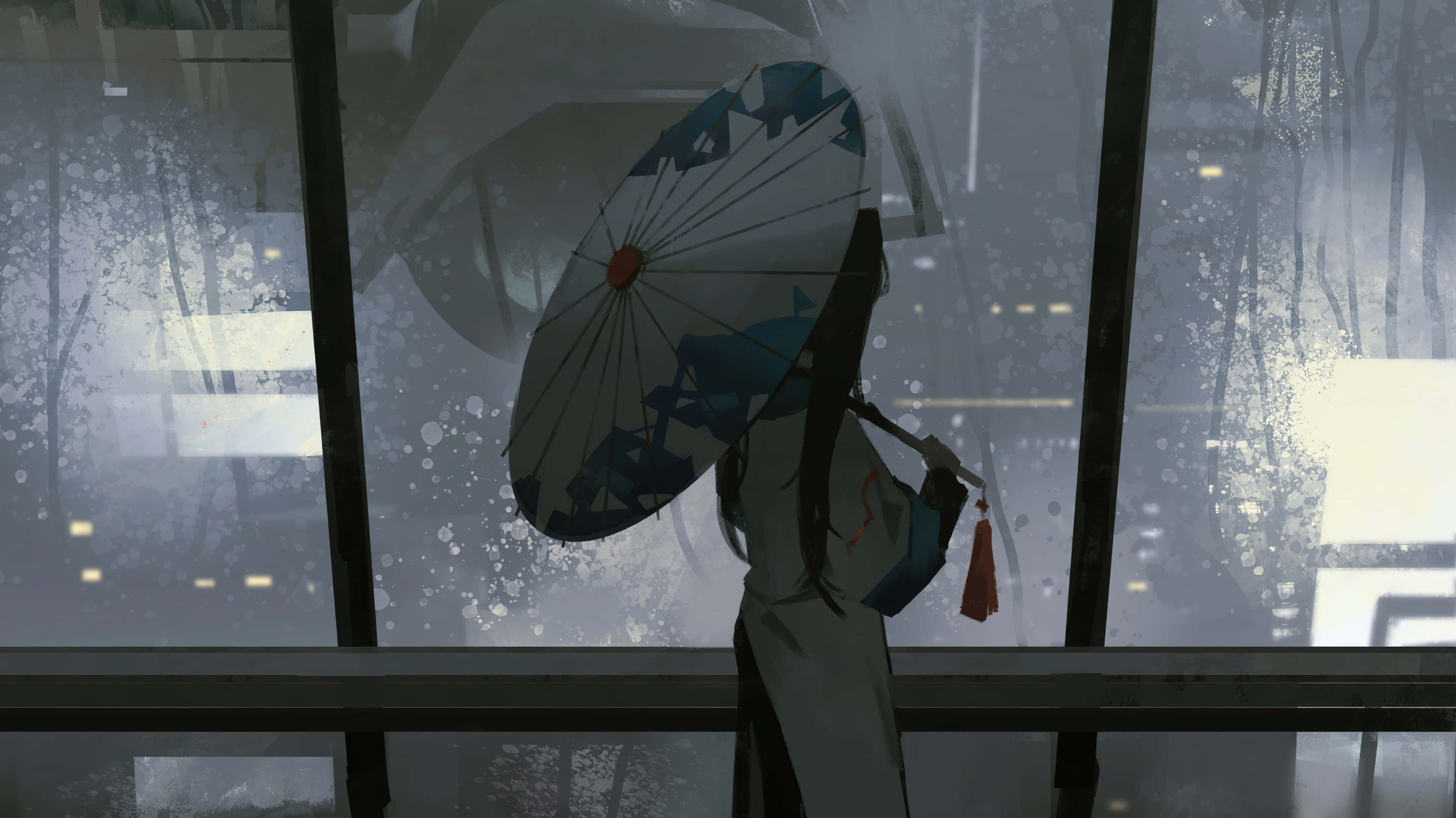 dark anime girl, traditional attire, blue patterned umbrella, 4K Desktop Wallpaper