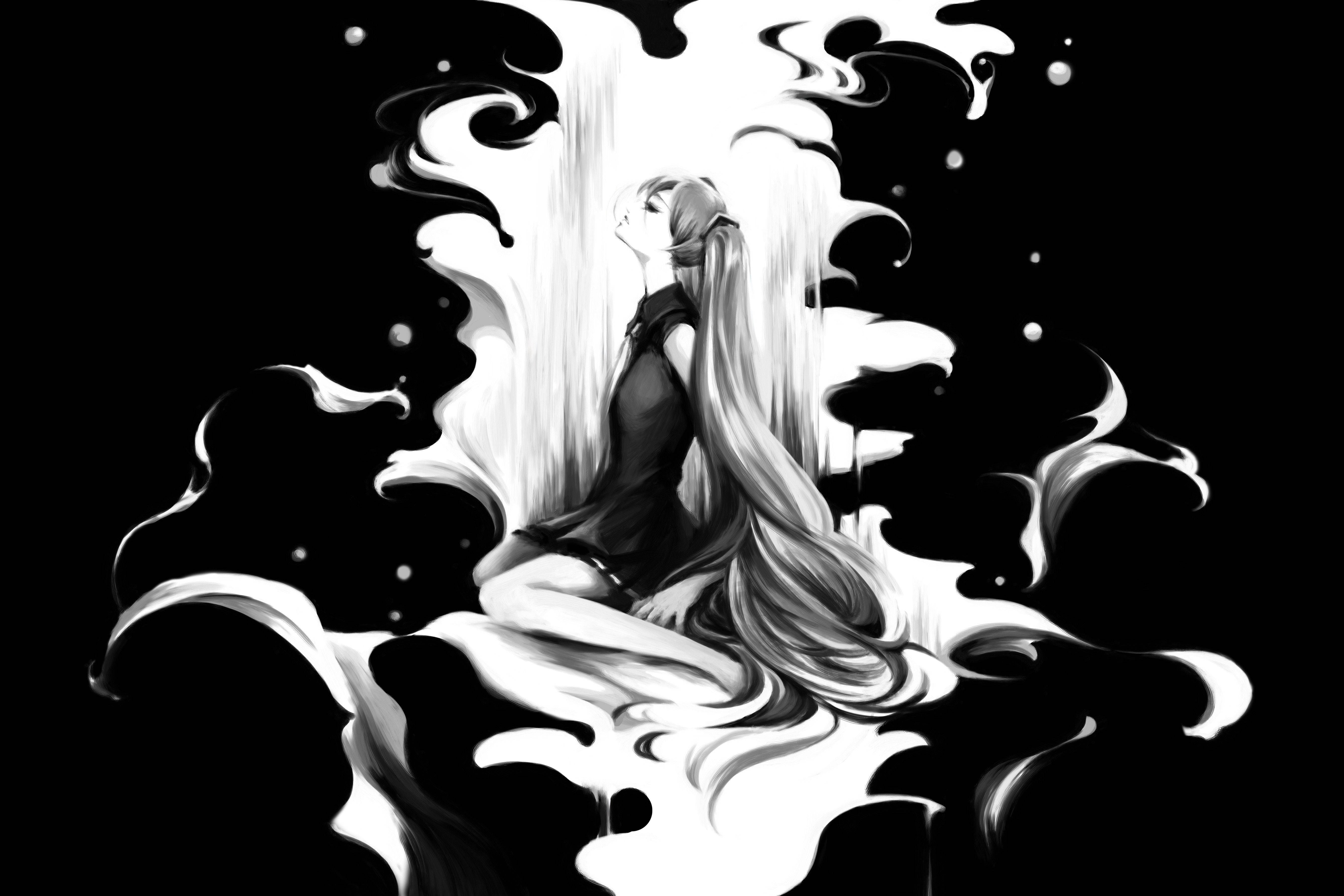Dark Girl, abstract white smoke, monochrome, 5K Desktop Wallpaper