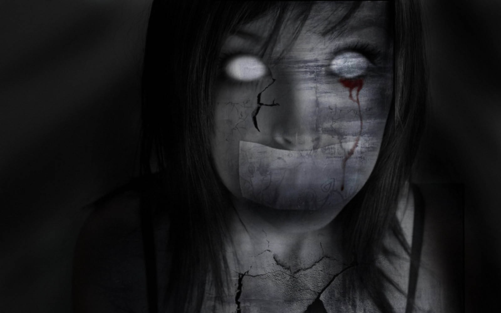 Gothic Girl, glowing eyes, taped mouth, HD Desktop Wallpaper