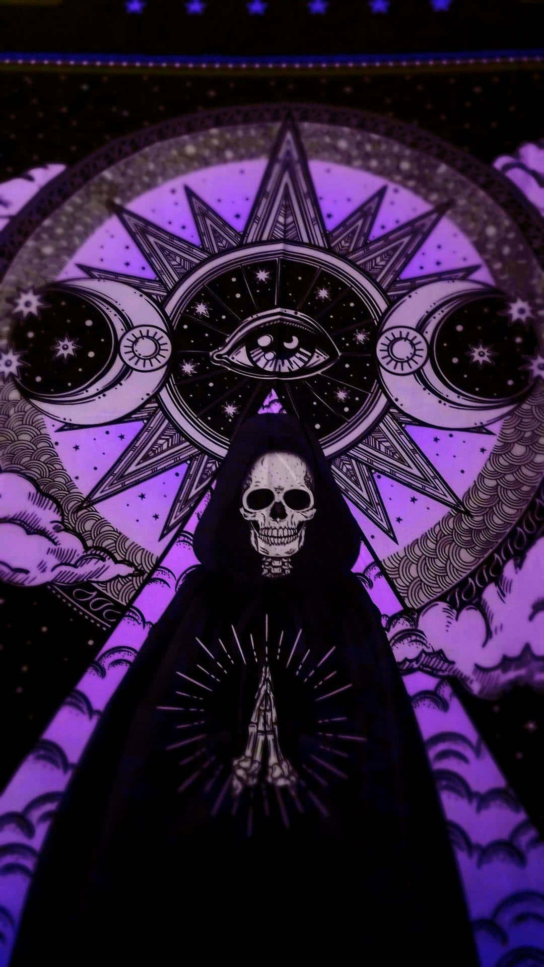 hooded skeletal figure, cosmic symbol, all-seeing eye, Full HD Phone Wallpaper