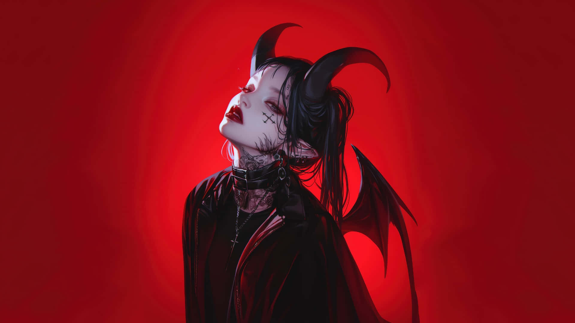 Goth Anime Girl, demonic wings, black horns, Full HD Desktop Wallpaper