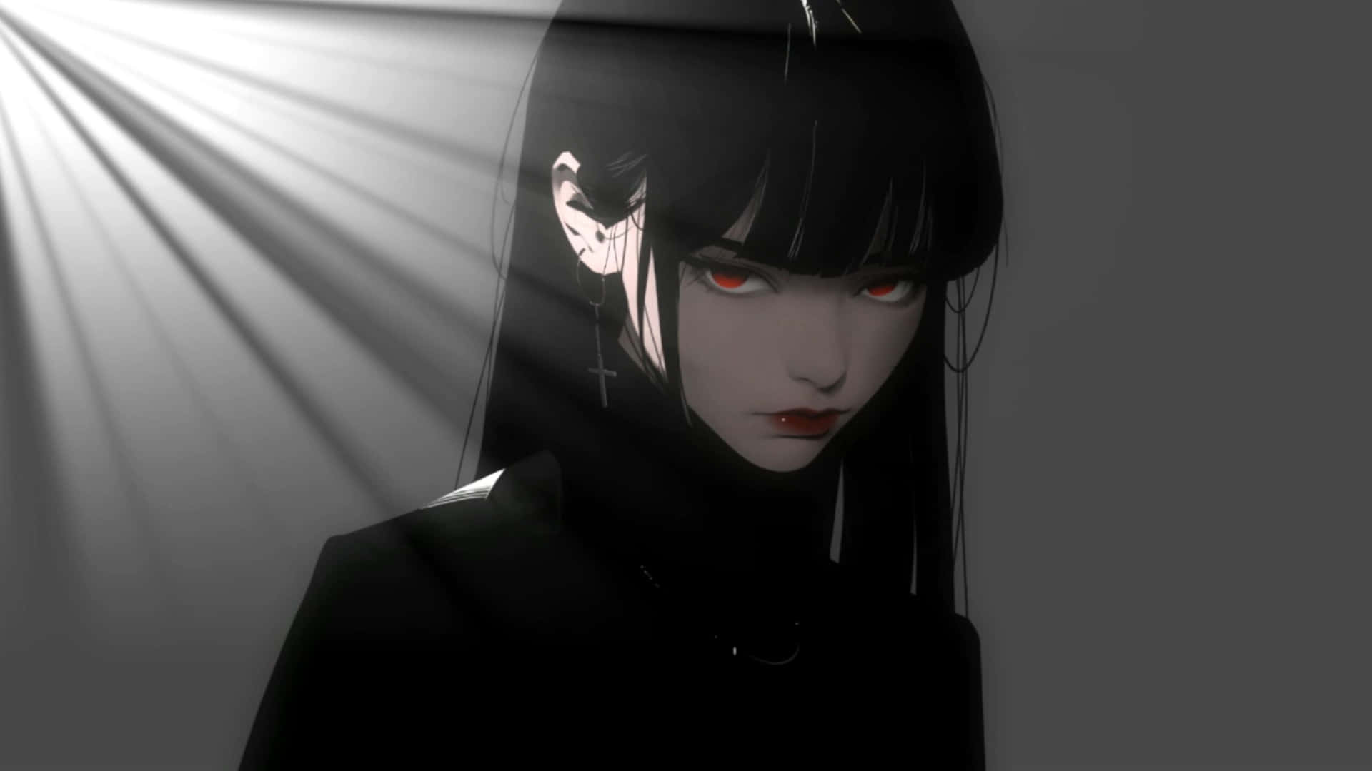 Goth Anime Girl, glowing red eyes, black hair, Full HD Desktop Wallpaper