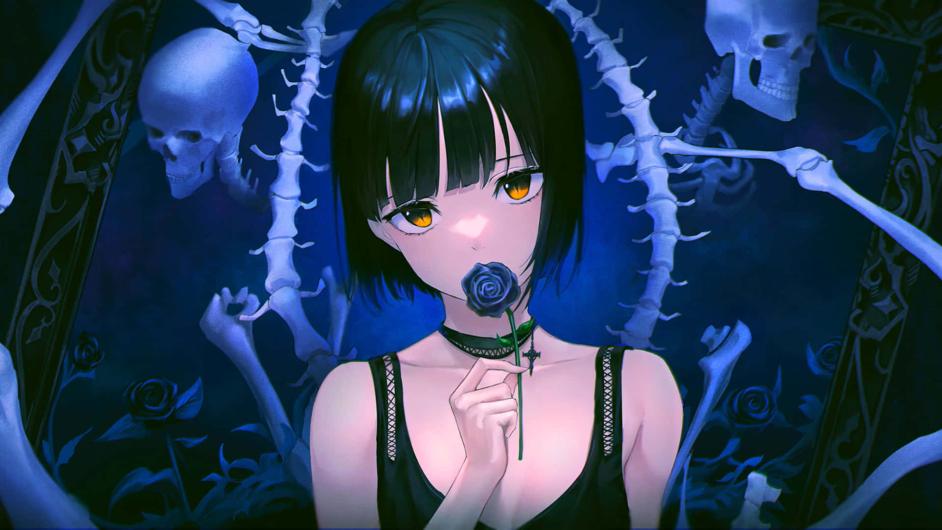 Goth Anime Girl, glowing amber eyes, dark blue rose, Full HD Desktop Wallpaper