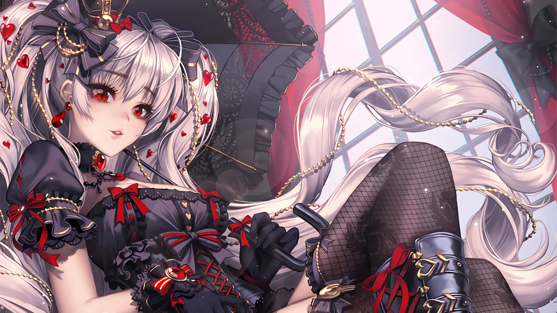 silver-haired anime girl, black gothic dress, red hearts, Full HD Desktop Wallpaper